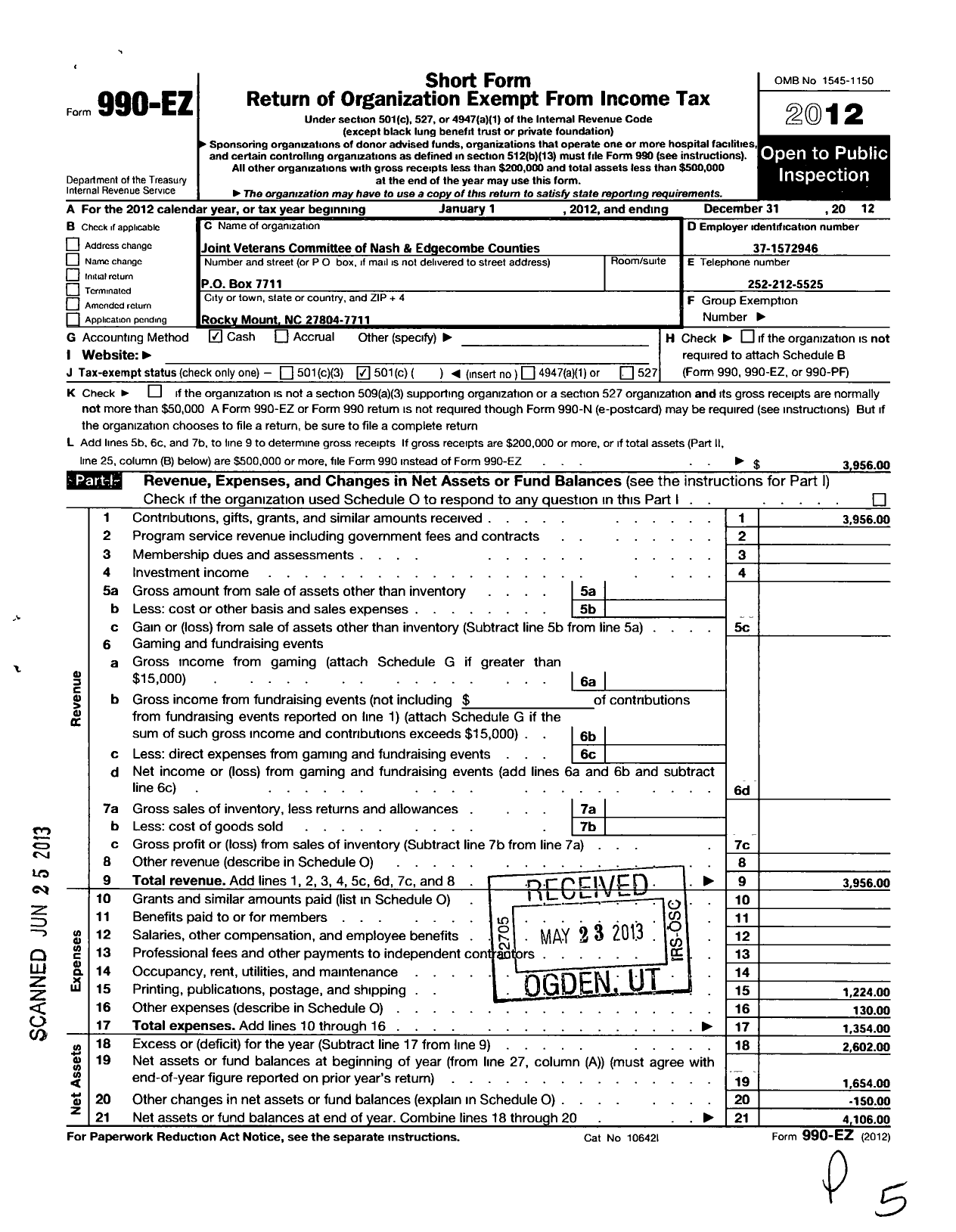 Image of first page of 2012 Form 990EO for Joint Veterans Committee