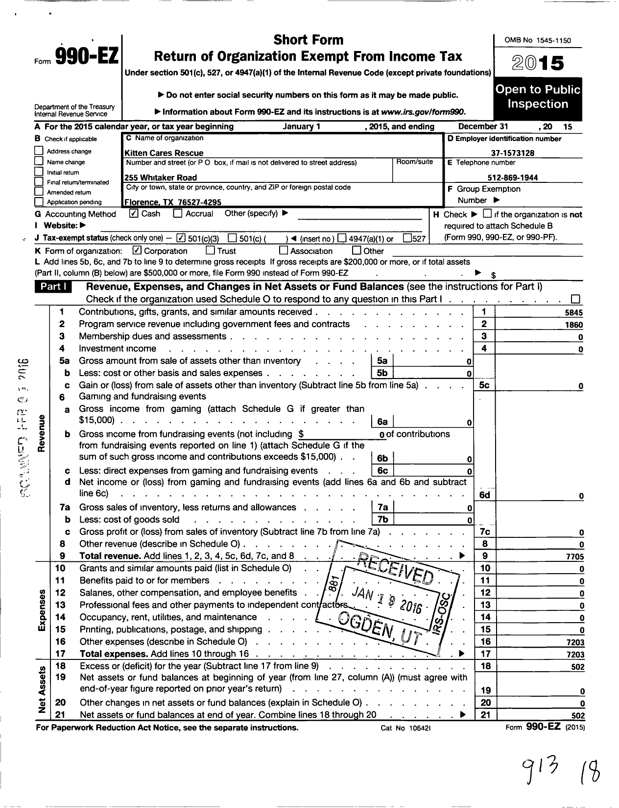 Image of first page of 2015 Form 990EZ for Kitten Cares Rescue