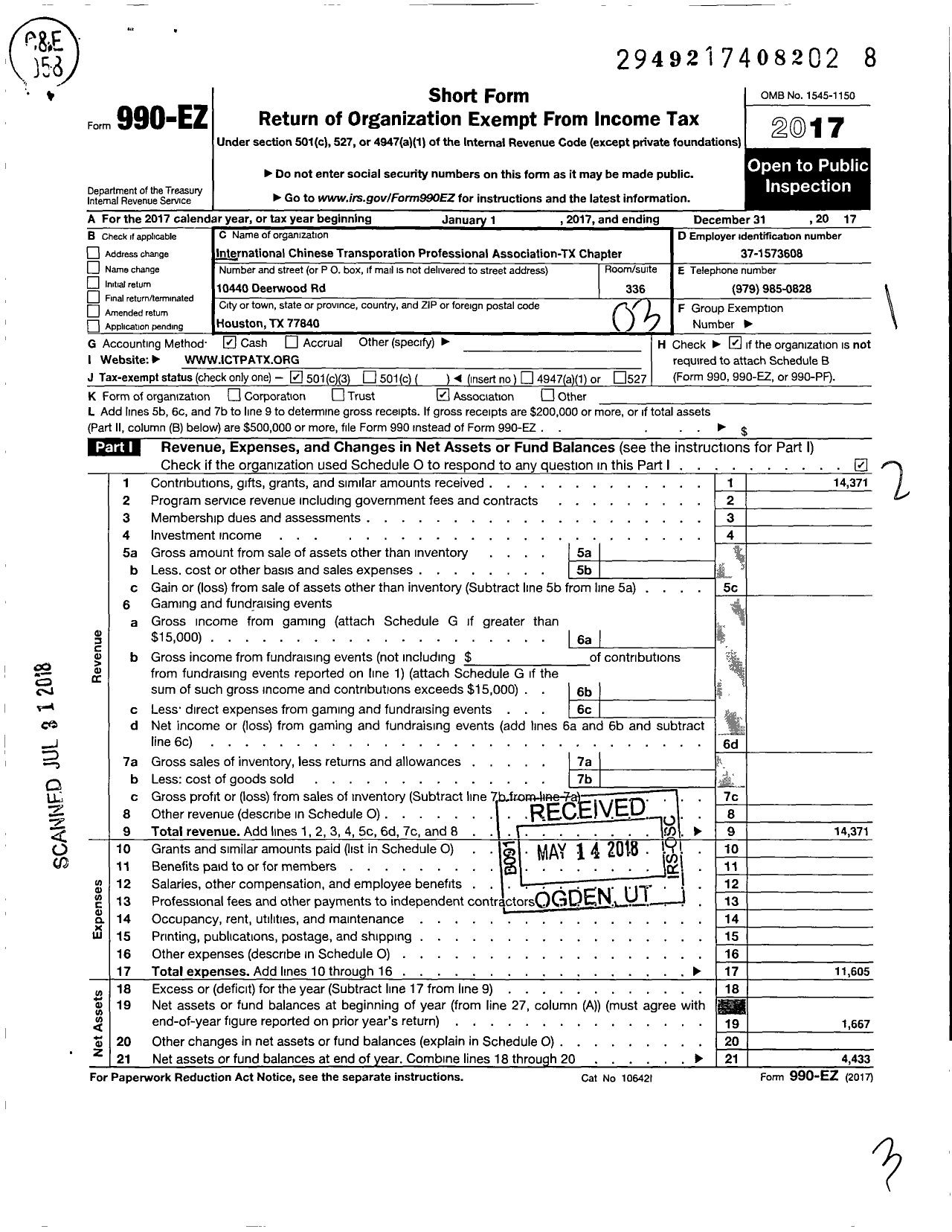 Image of first page of 2017 Form 990EZ for International Chinese Transportation Professional Association-Tx Chapter