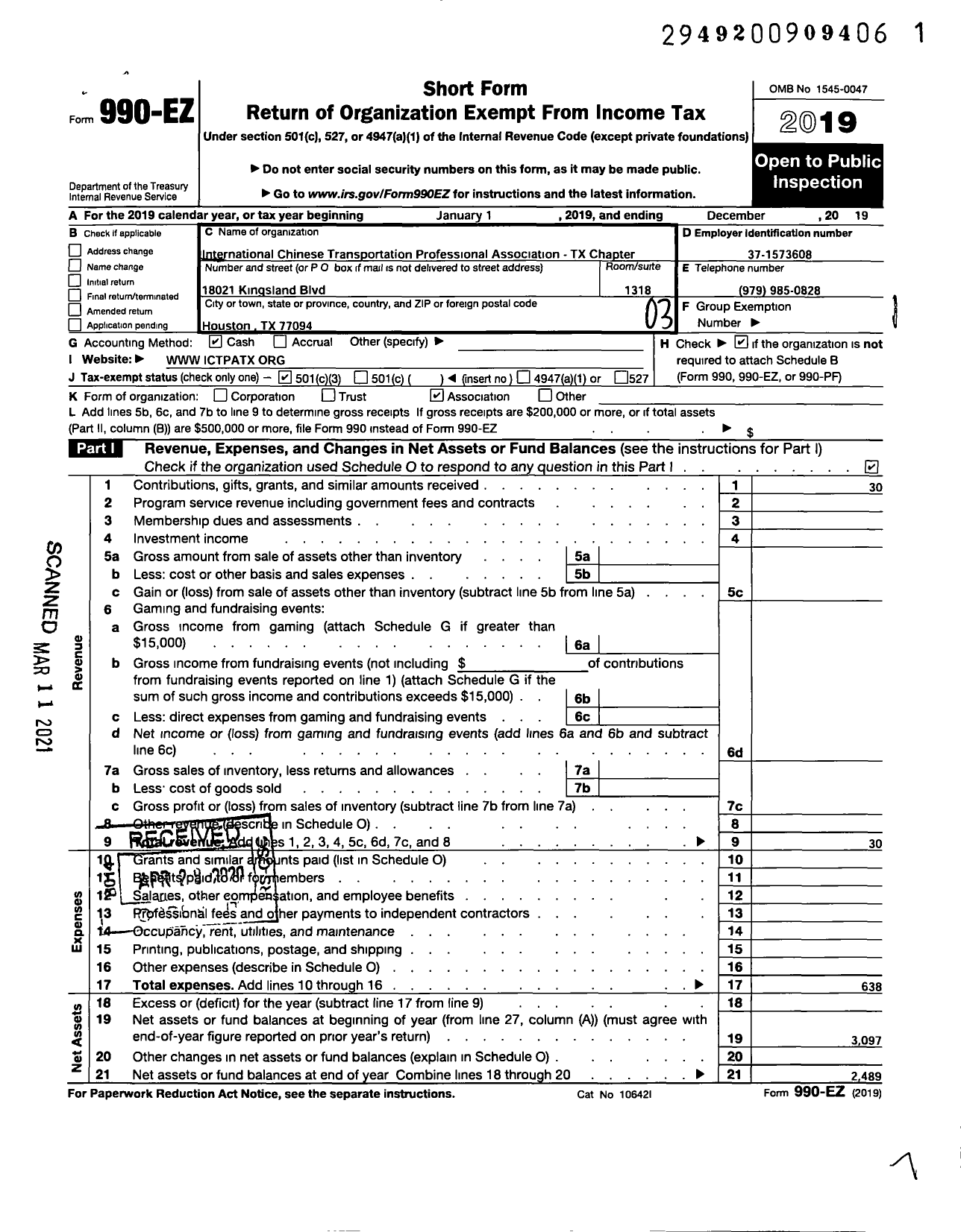 Image of first page of 2019 Form 990EZ for International Chinese Transportation Professional Association-Tx Chapter