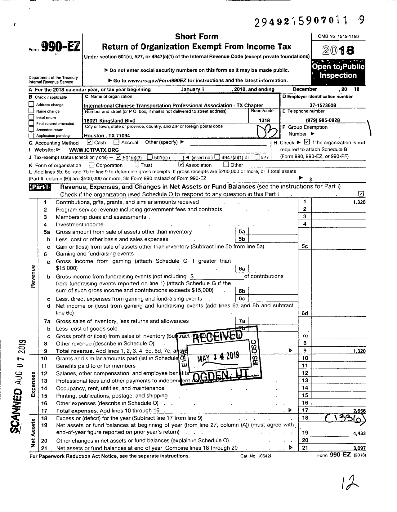 Image of first page of 2018 Form 990EZ for International Chinese Transportation Professional Association-Tx Chapter