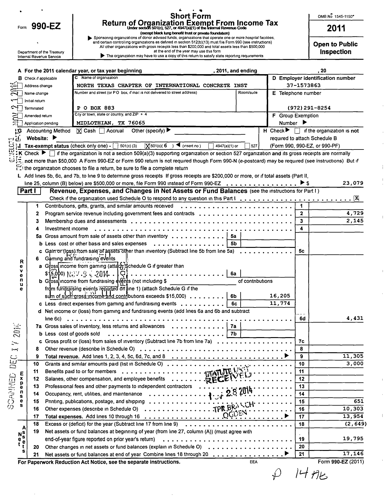 Image of first page of 2011 Form 990EO for North Texas Chapter of Icri