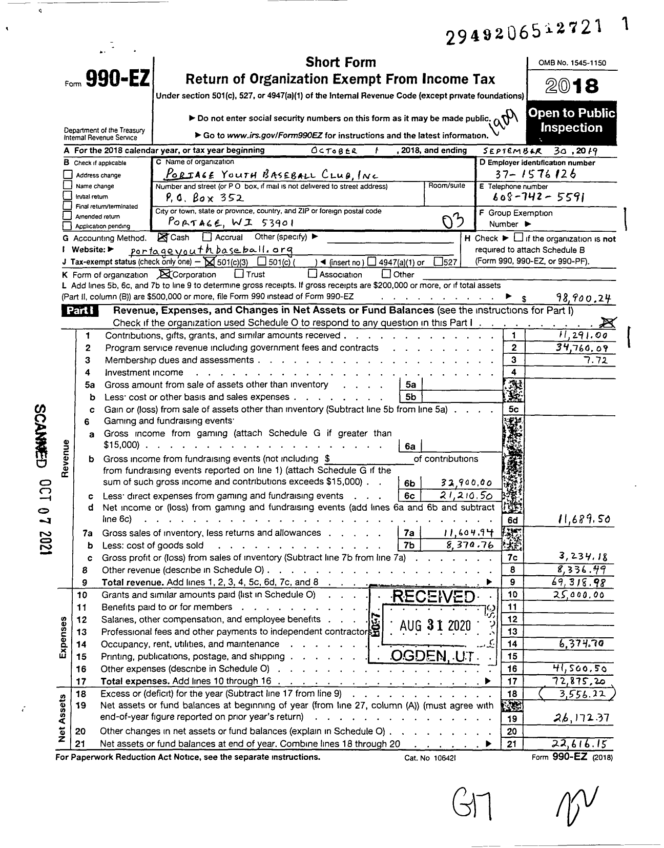 Image of first page of 2018 Form 990EZ for Portage Youth Baseball Club