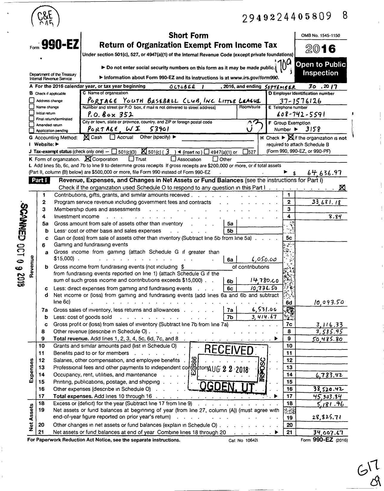 Image of first page of 2016 Form 990EZ for Portage Youth Baseball Club