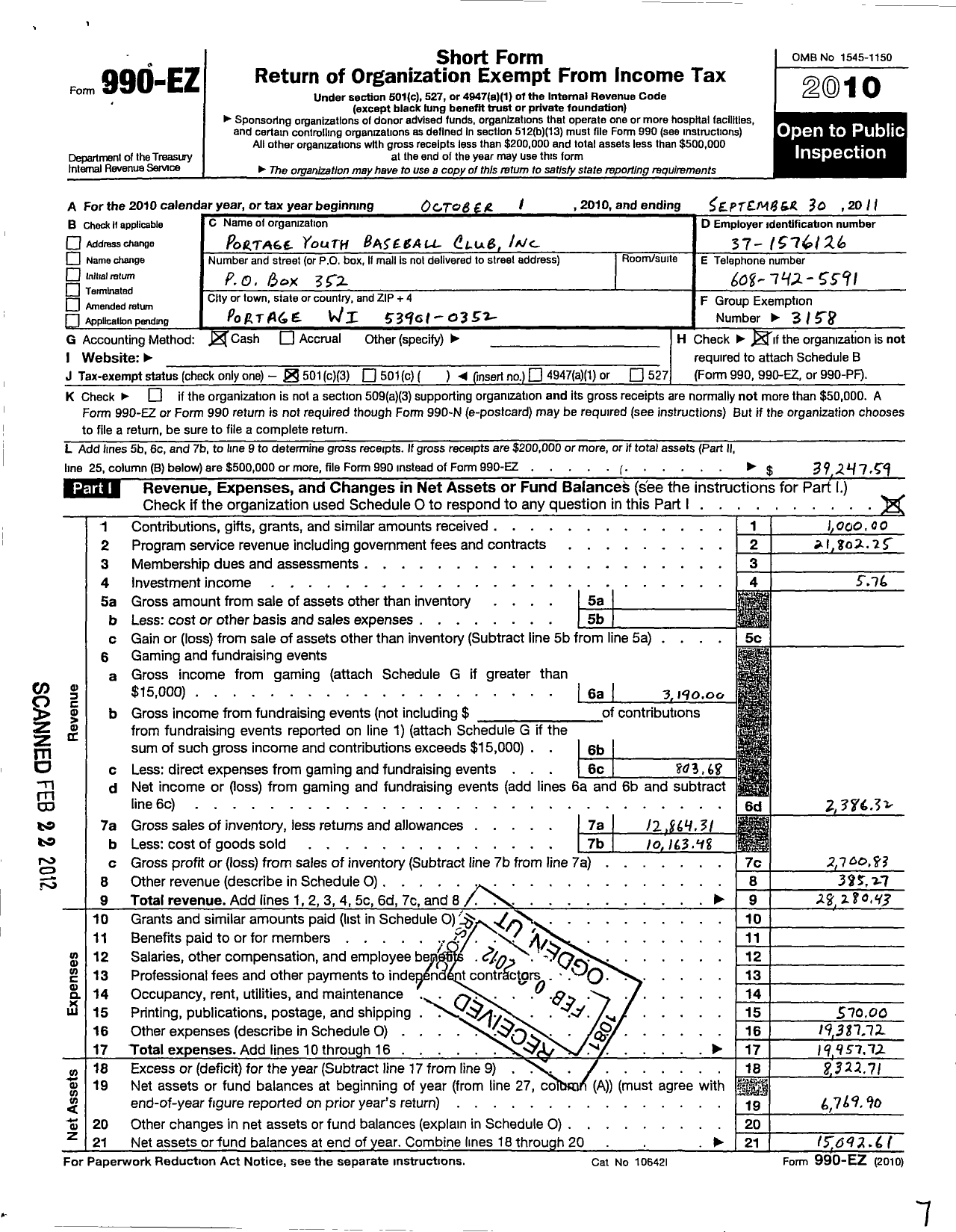 Image of first page of 2010 Form 990EZ for Portage Youth Baseball Club