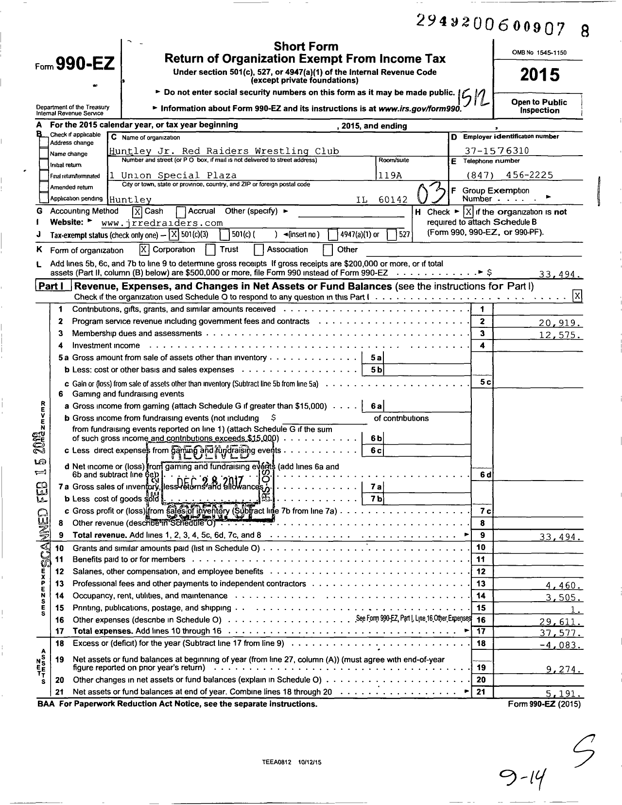 Image of first page of 2015 Form 990EZ for Huntley Jr Red Raiders Wrestling Club