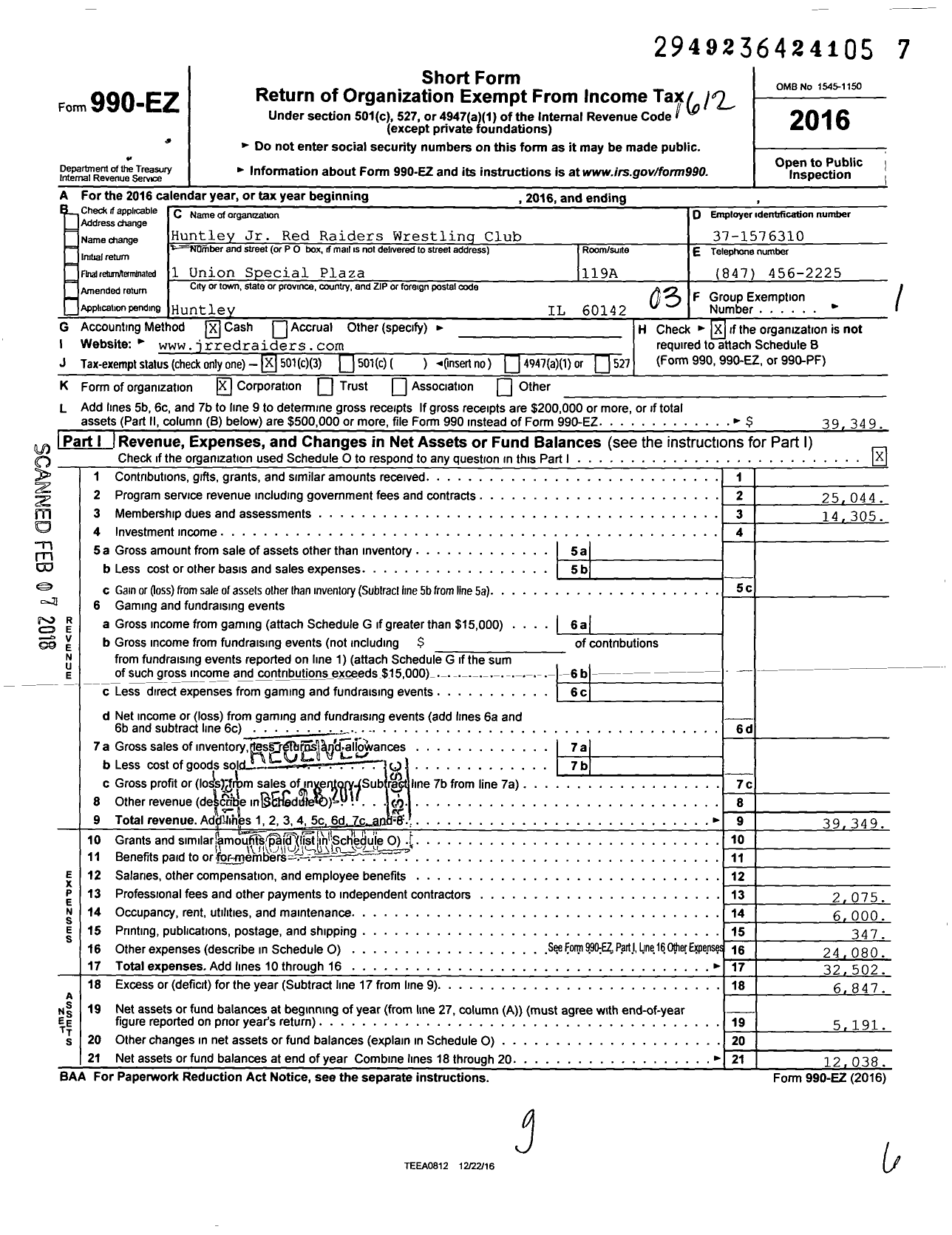 Image of first page of 2016 Form 990EZ for Huntley Jr Red Raiders Wrestling Club