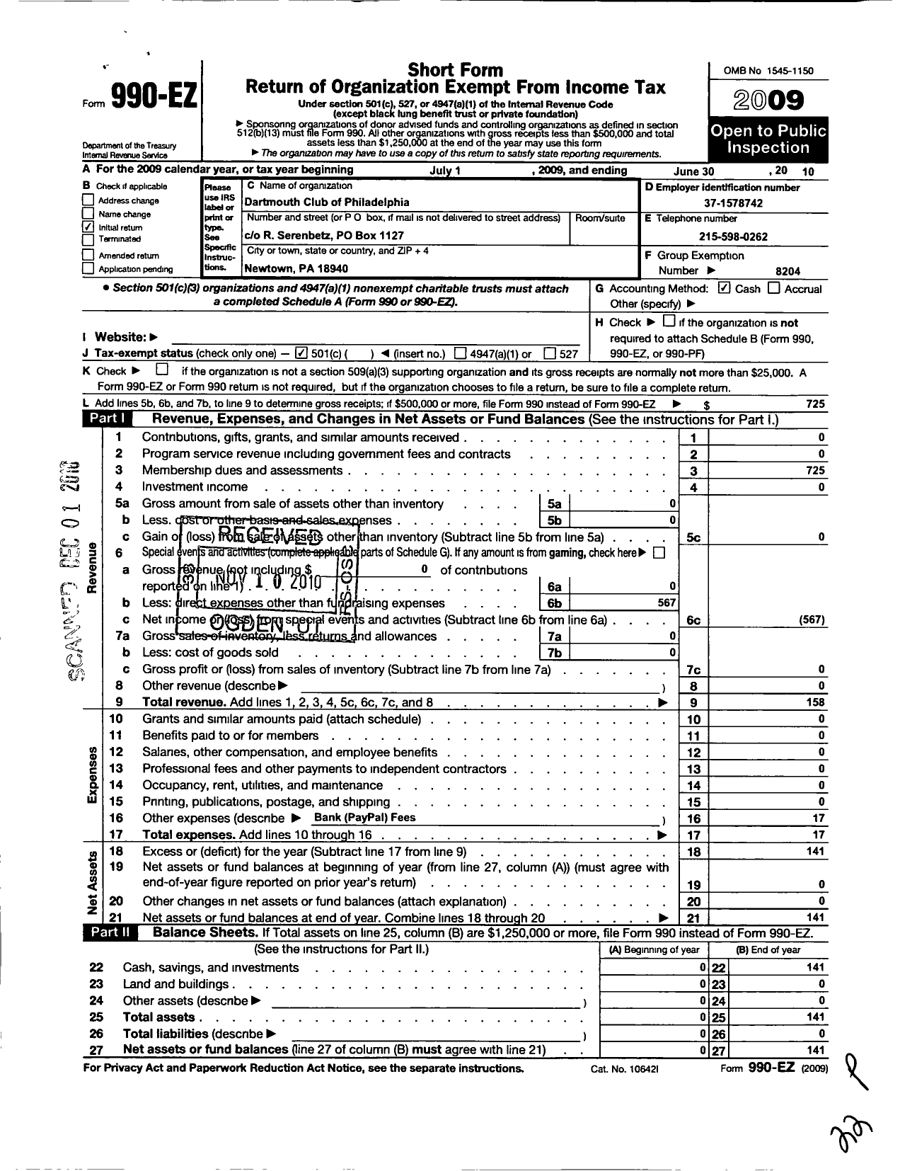 Image of first page of 2009 Form 990EO for Trustees of Dartmouth College / Dartmouth Club of Philadelphia