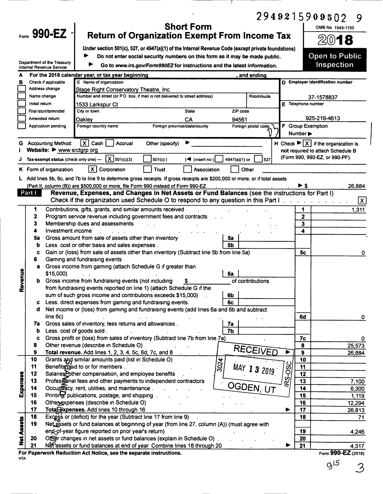 Image of first page of 2018 Form 990EZ for Stage Right Conservatory Theatre