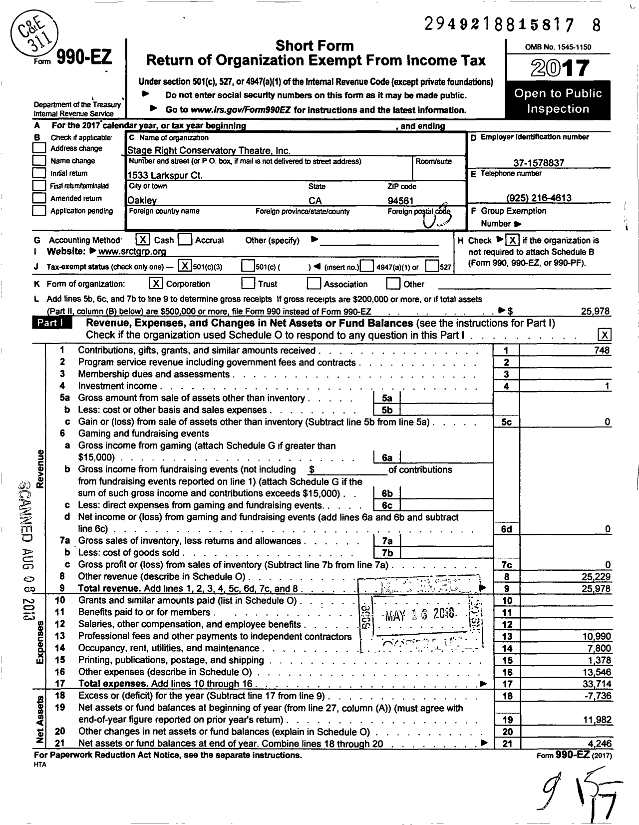 Image of first page of 2017 Form 990EZ for Stage Right Conservatory Theatre