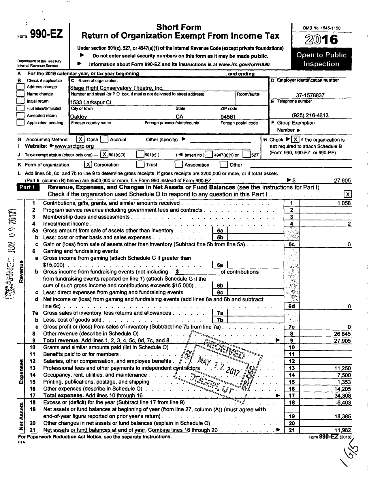 Image of first page of 2016 Form 990EZ for Stage Right Conservatory Theatre