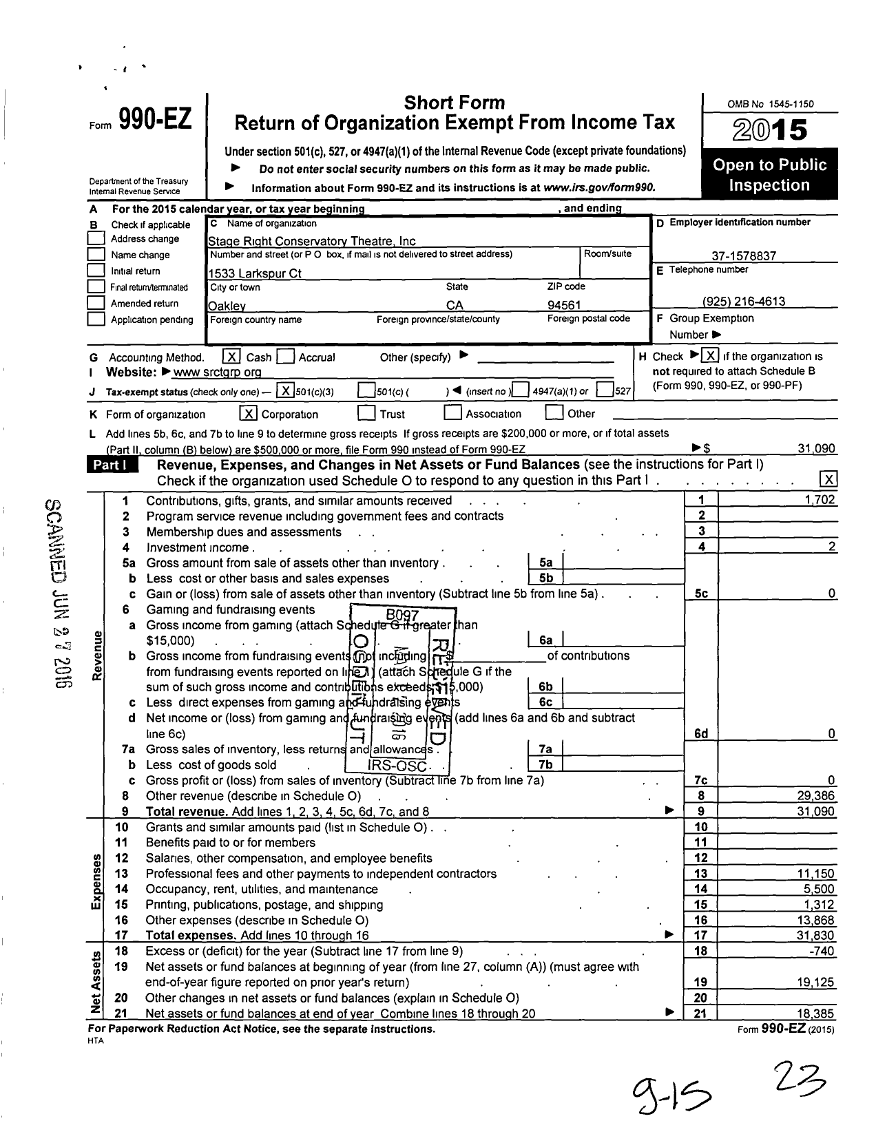 Image of first page of 2015 Form 990EZ for Stage Right Conservatory Theatre