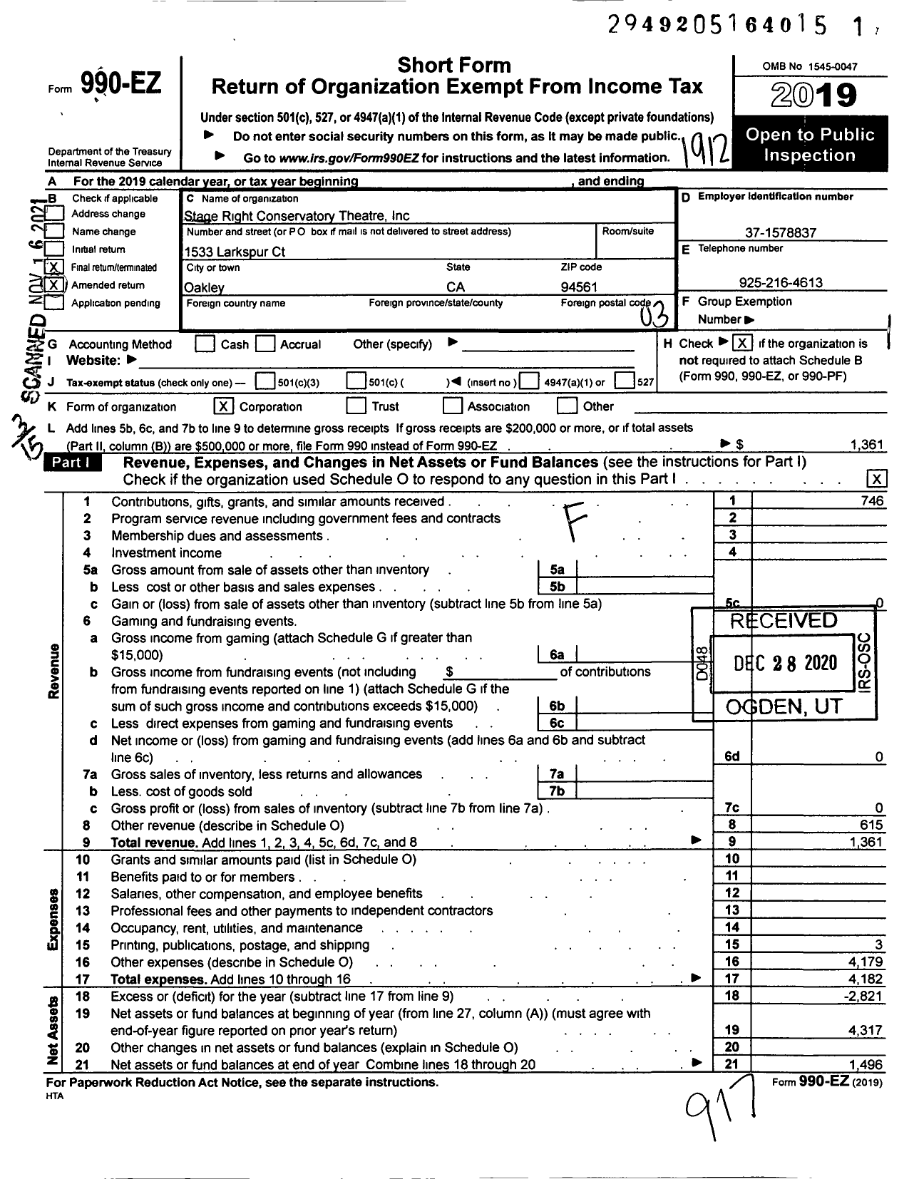 Image of first page of 2019 Form 990EZ for Stage Right Conservatory Theatre