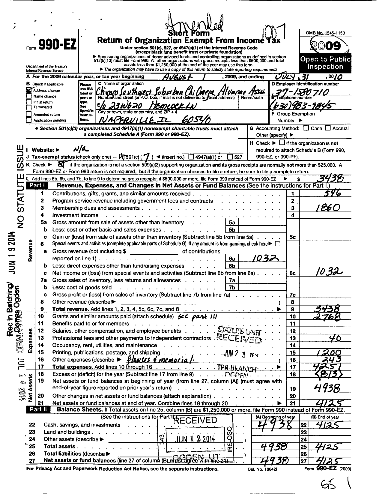 Image of first page of 2009 Form 990EO for Chicago Southwest Suburban Chi Omega Alumnae Association