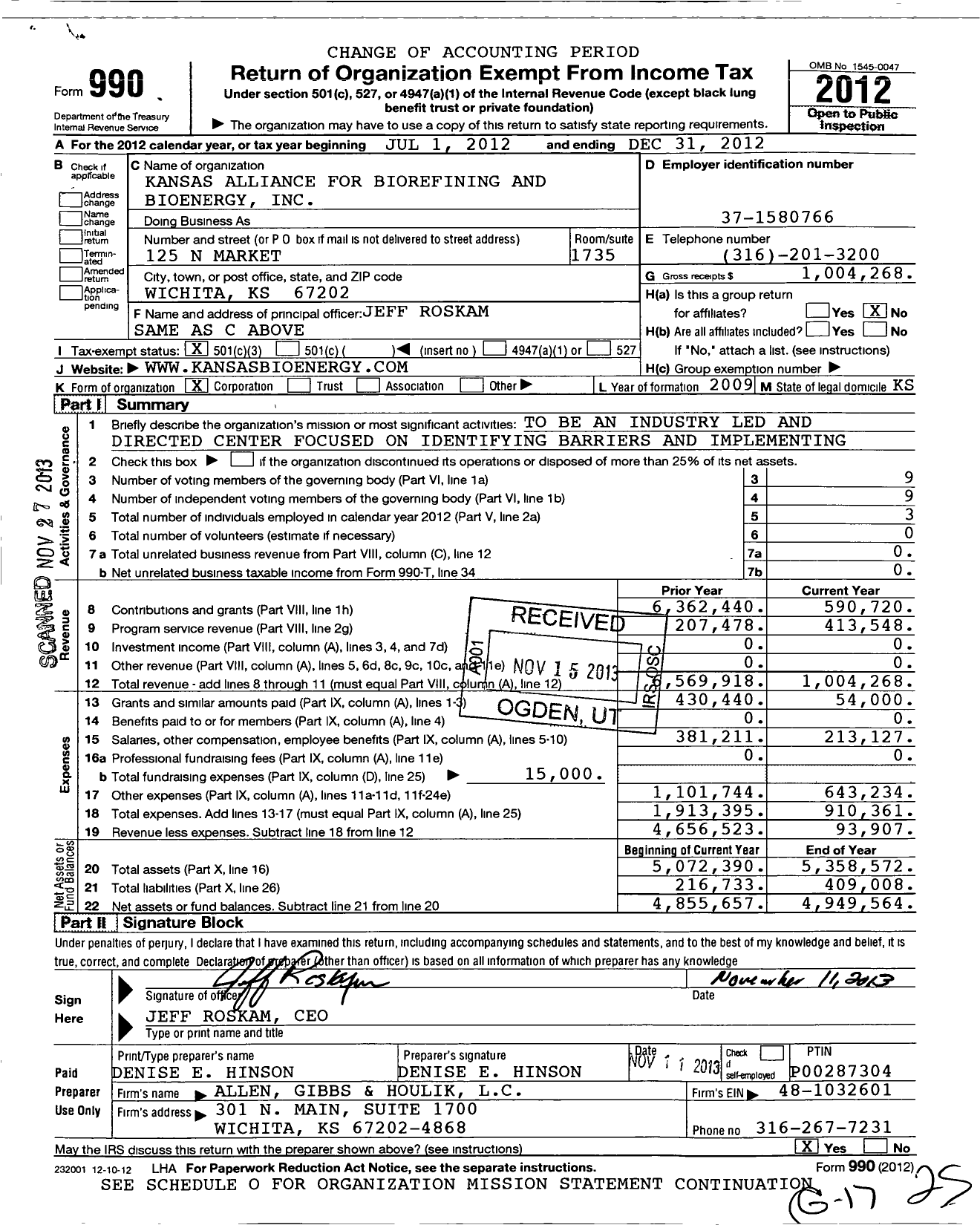 Image of first page of 2012 Form 990 for Kansas Alliance for Biorefining and Bioenergy