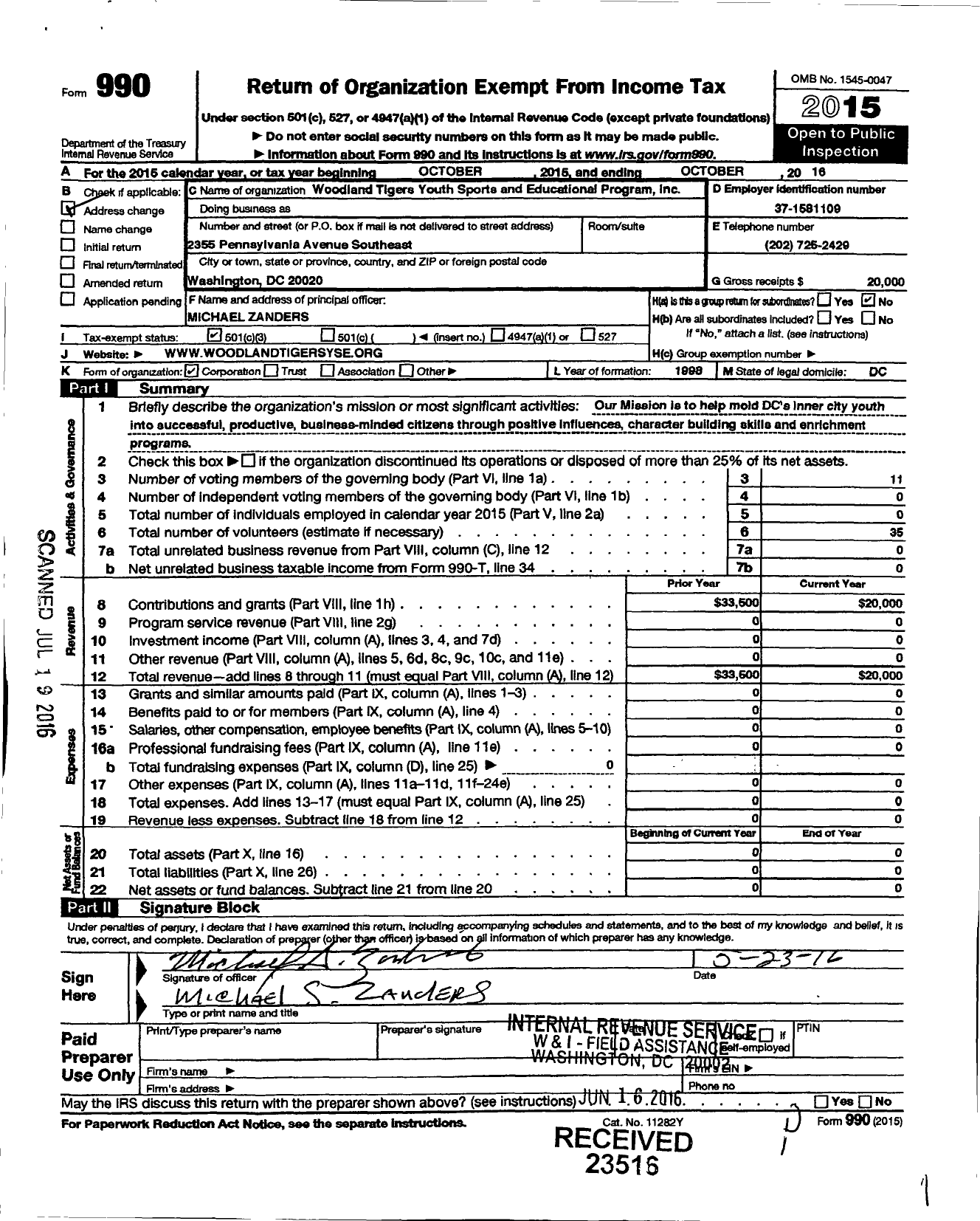 Image of first page of 2015 Form 990 for Wooldland Tigers Youth Sports and Educational Program