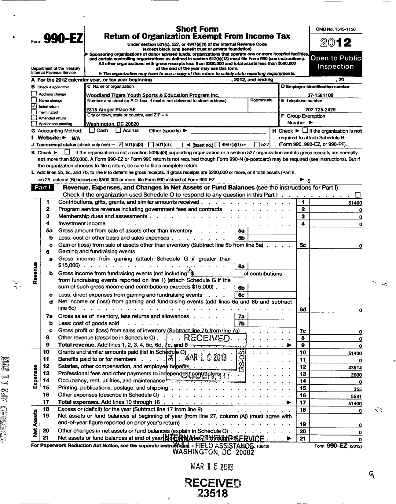 Image of first page of 2012 Form 990EZ for Woodland Tigers Youth Sports and Educational