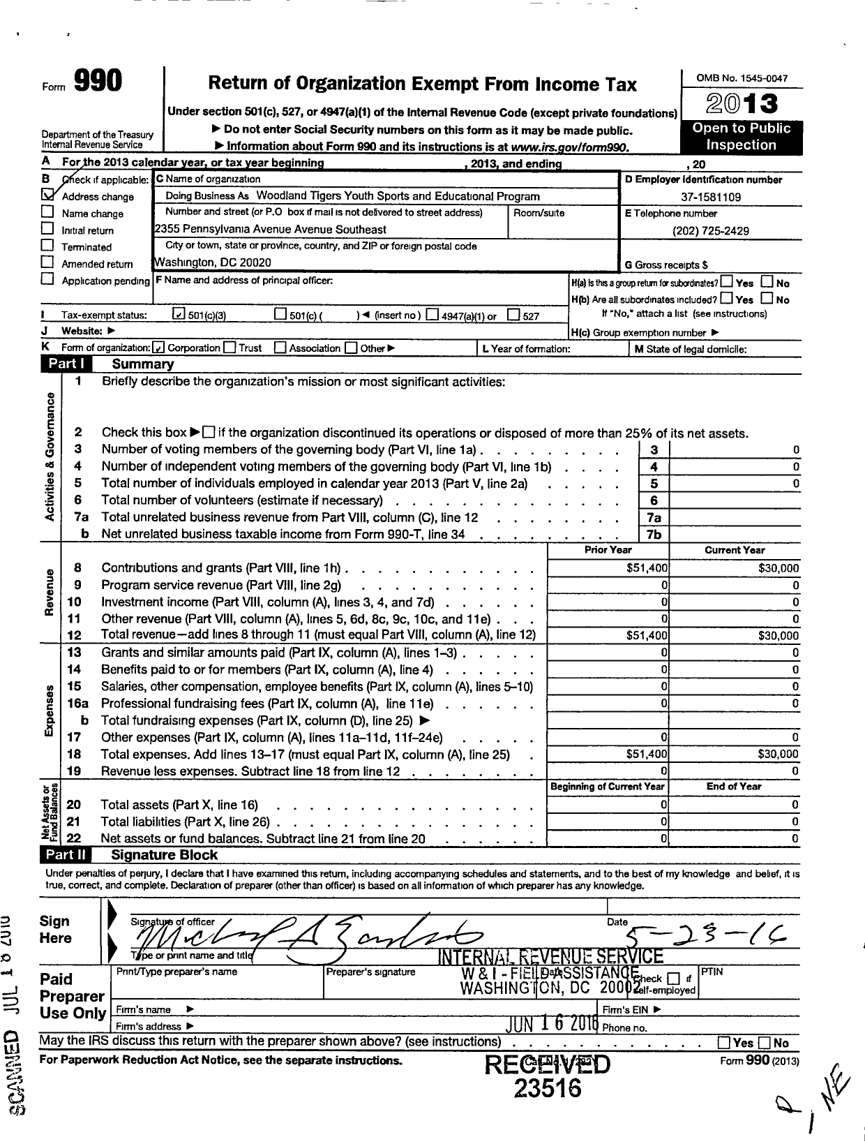 Image of first page of 2013 Form 990 for Wooldland Tigers Youth Sports and Educational Program