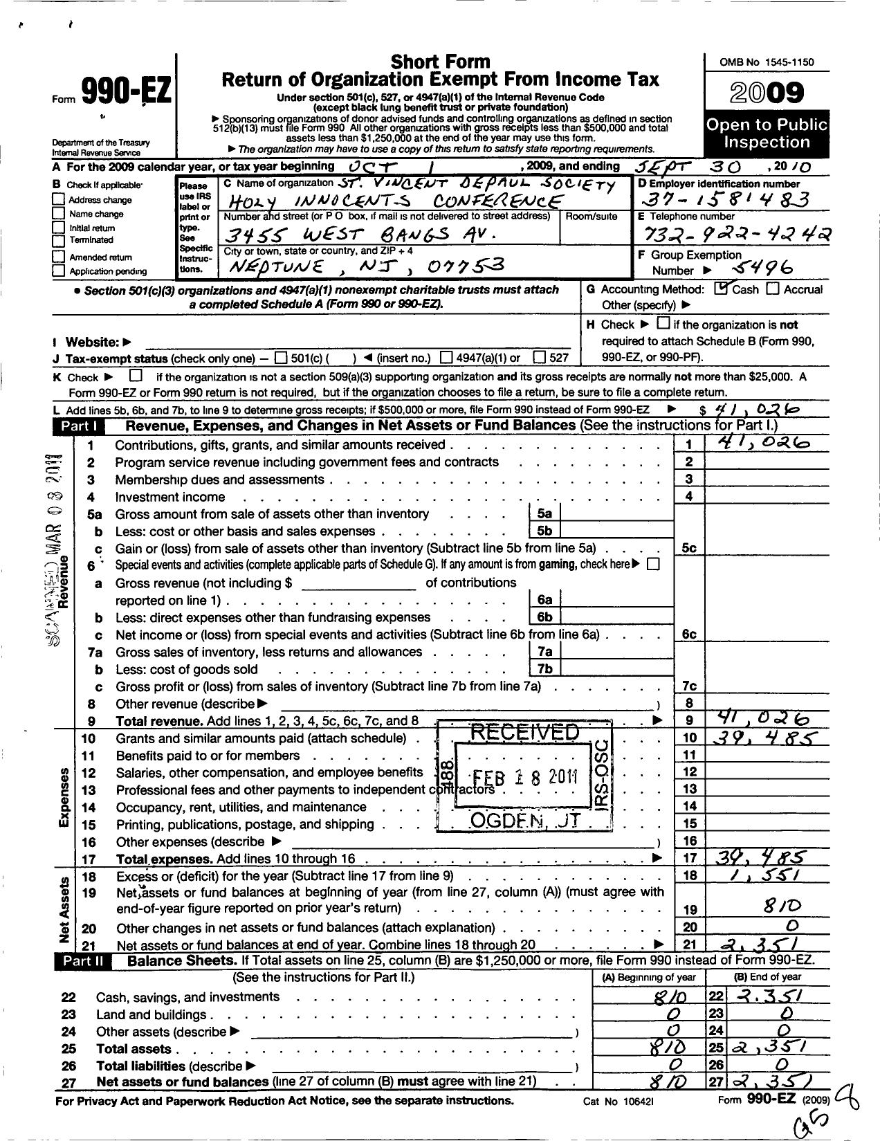 Image of first page of 2009 Form 990EO for Church of Holy Innocents