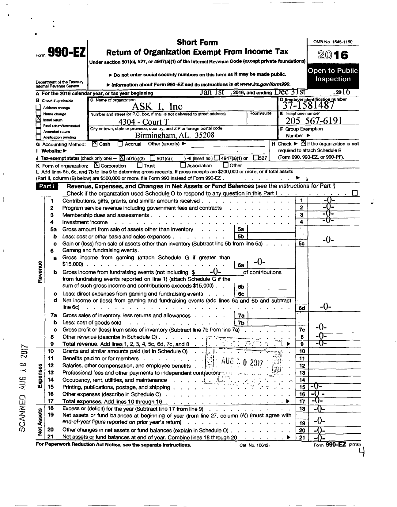 Image of first page of 2016 Form 990EZ for Ask 1