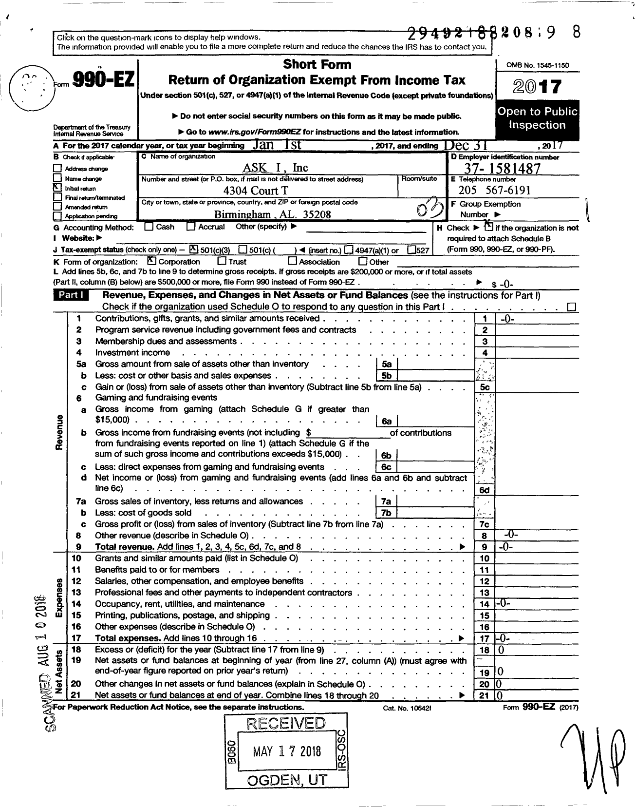 Image of first page of 2017 Form 990EZ for Ask 1