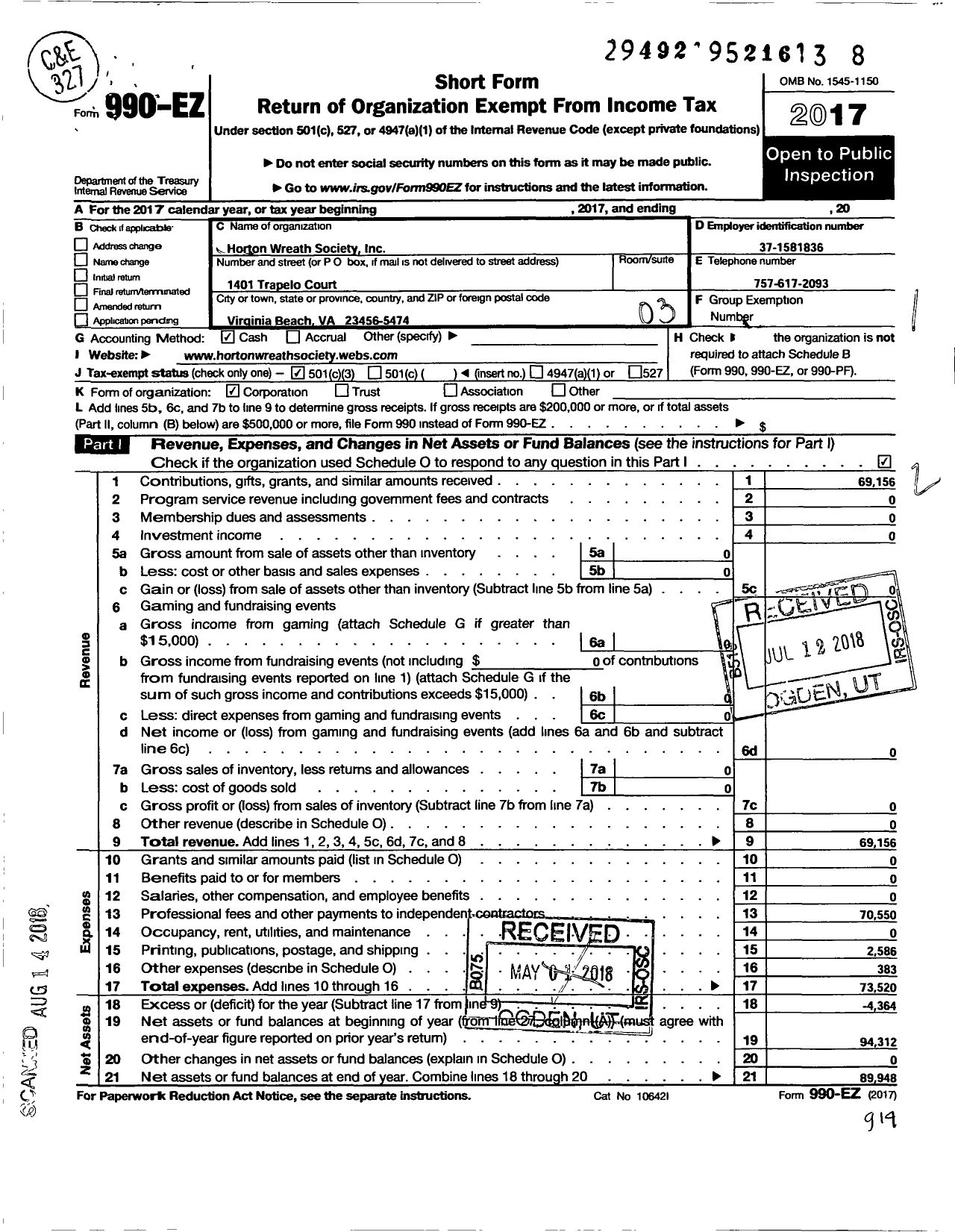 Image of first page of 2017 Form 990EZ for Horton Wreath Society