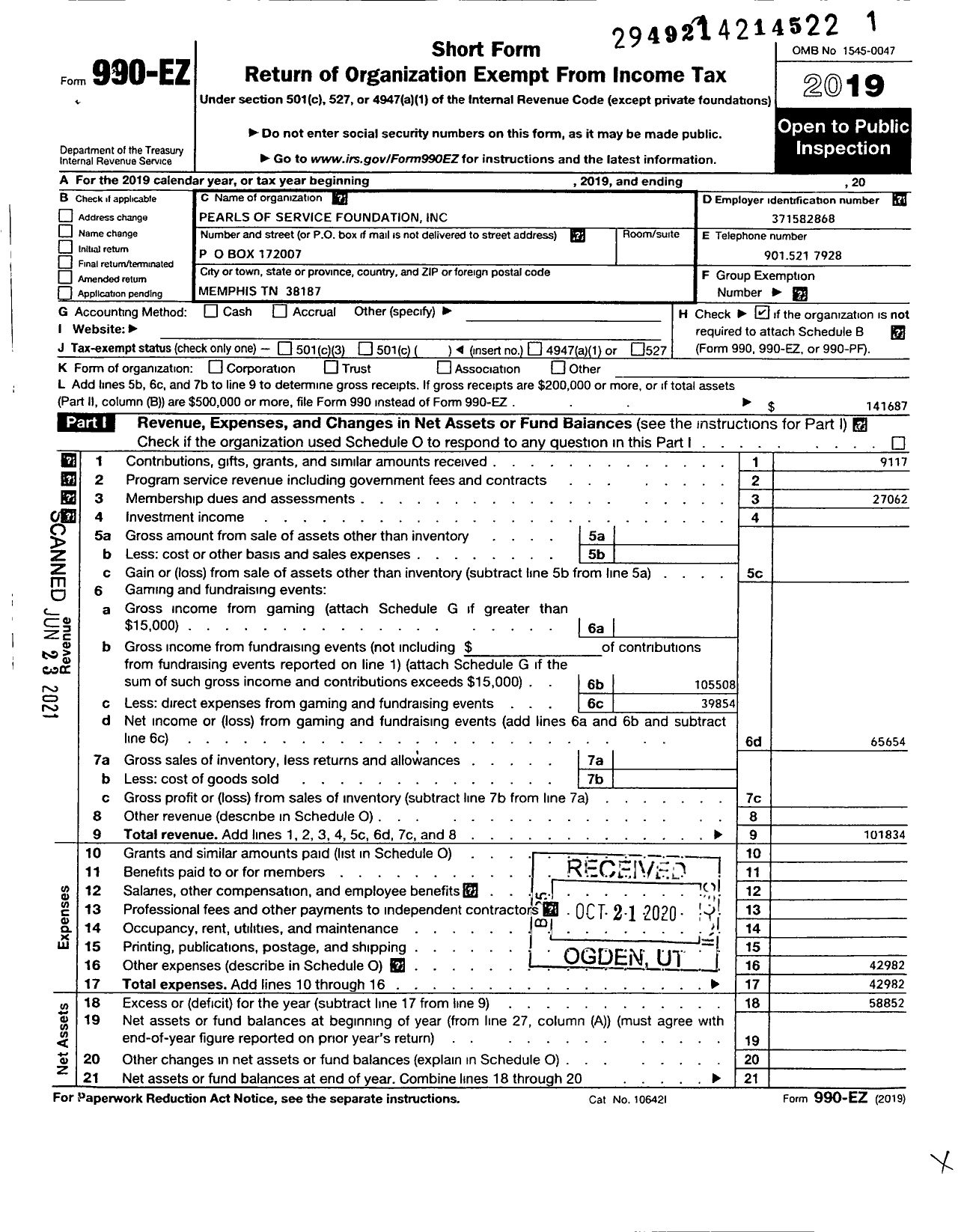 Image of first page of 2019 Form 990EO for Pearls of Service Foundation