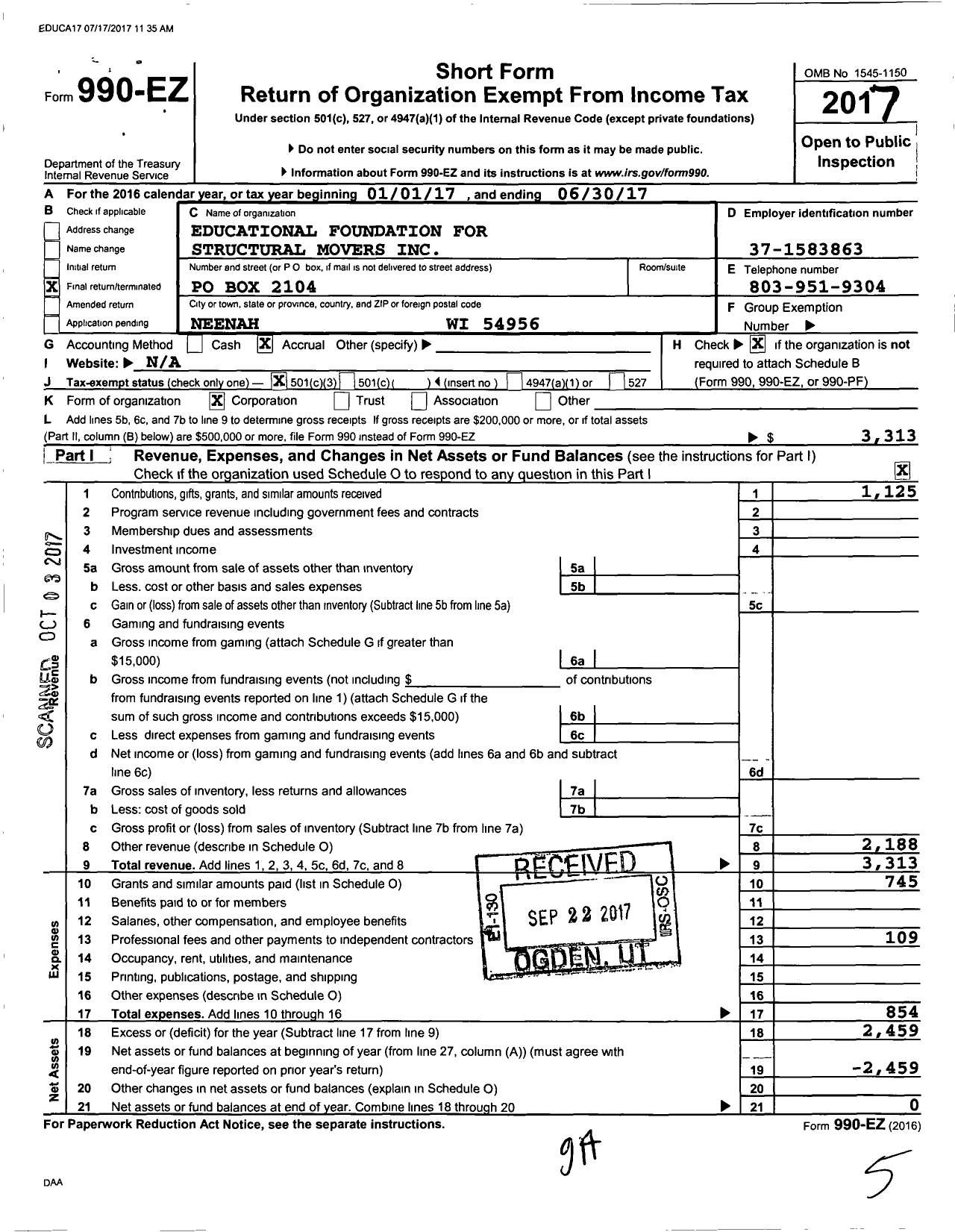 Image of first page of 2016 Form 990EZ for Educational Foundation for Structural Movers