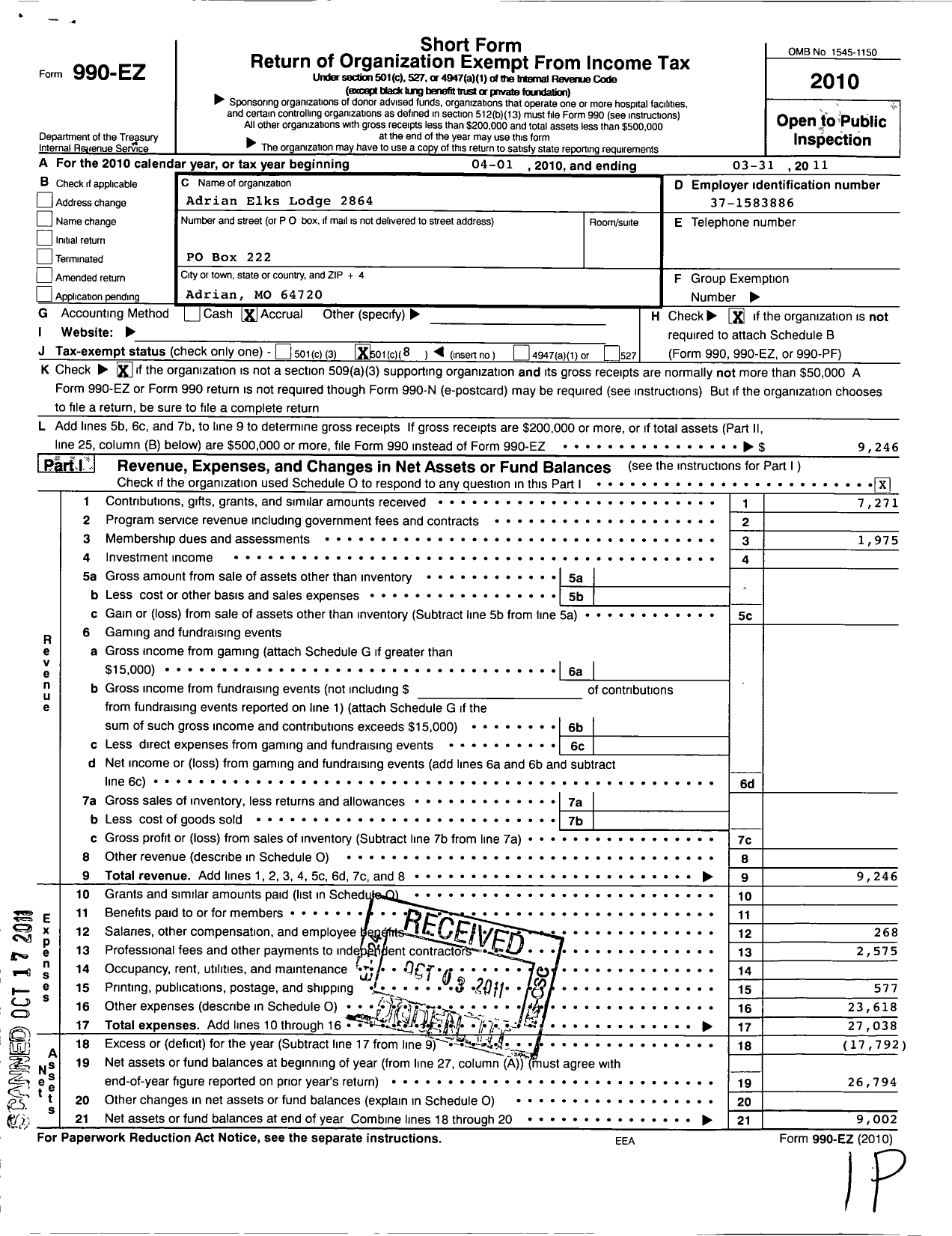 Image of first page of 2010 Form 990EO for Benevolent and Protective Order of Elks - 2864 Adrian