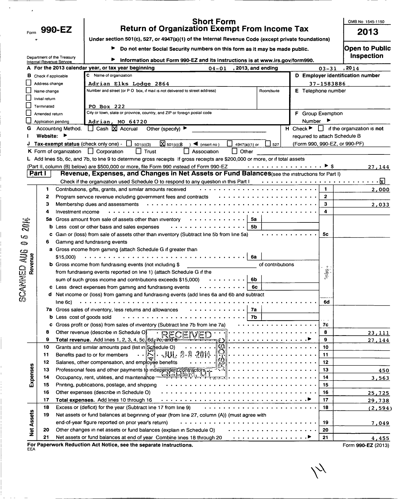 Image of first page of 2013 Form 990EO for Benevolent and Protective Order of Elks - 2864 Adrian