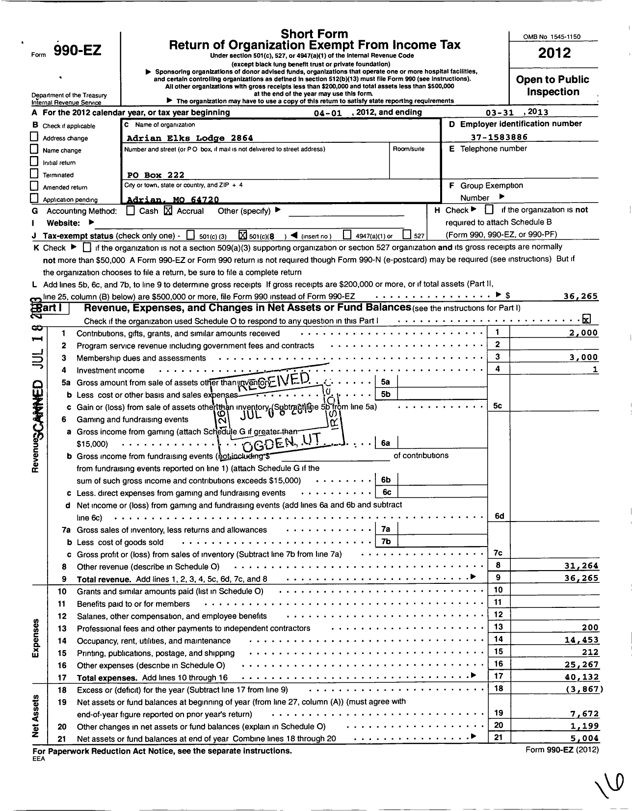 Image of first page of 2012 Form 990EO for Benevolent and Protective Order of Elks - 2864 Adrian