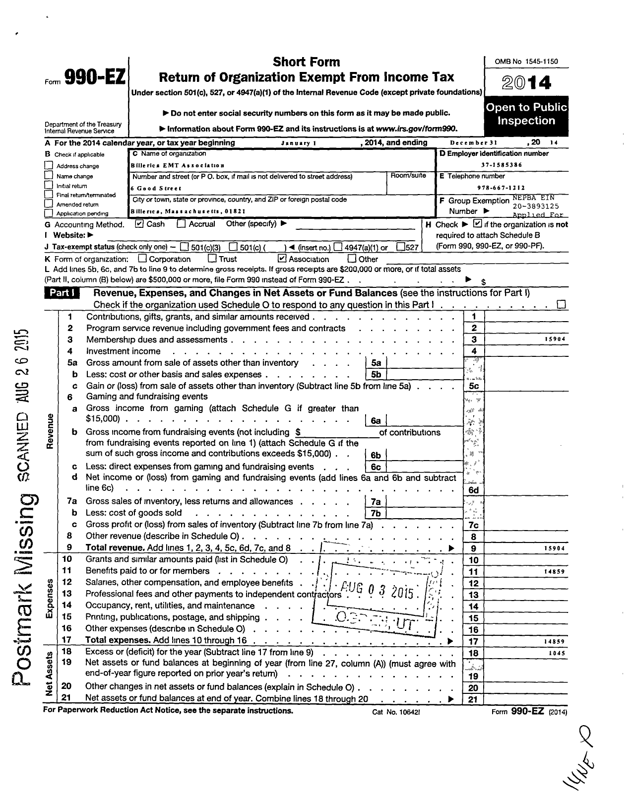 Image of first page of 2014 Form 990EO for Billerica Emt Association