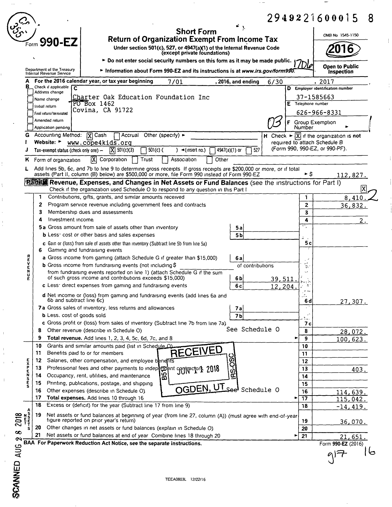 Image of first page of 2016 Form 990EZ for Charter Oak Education Foundation