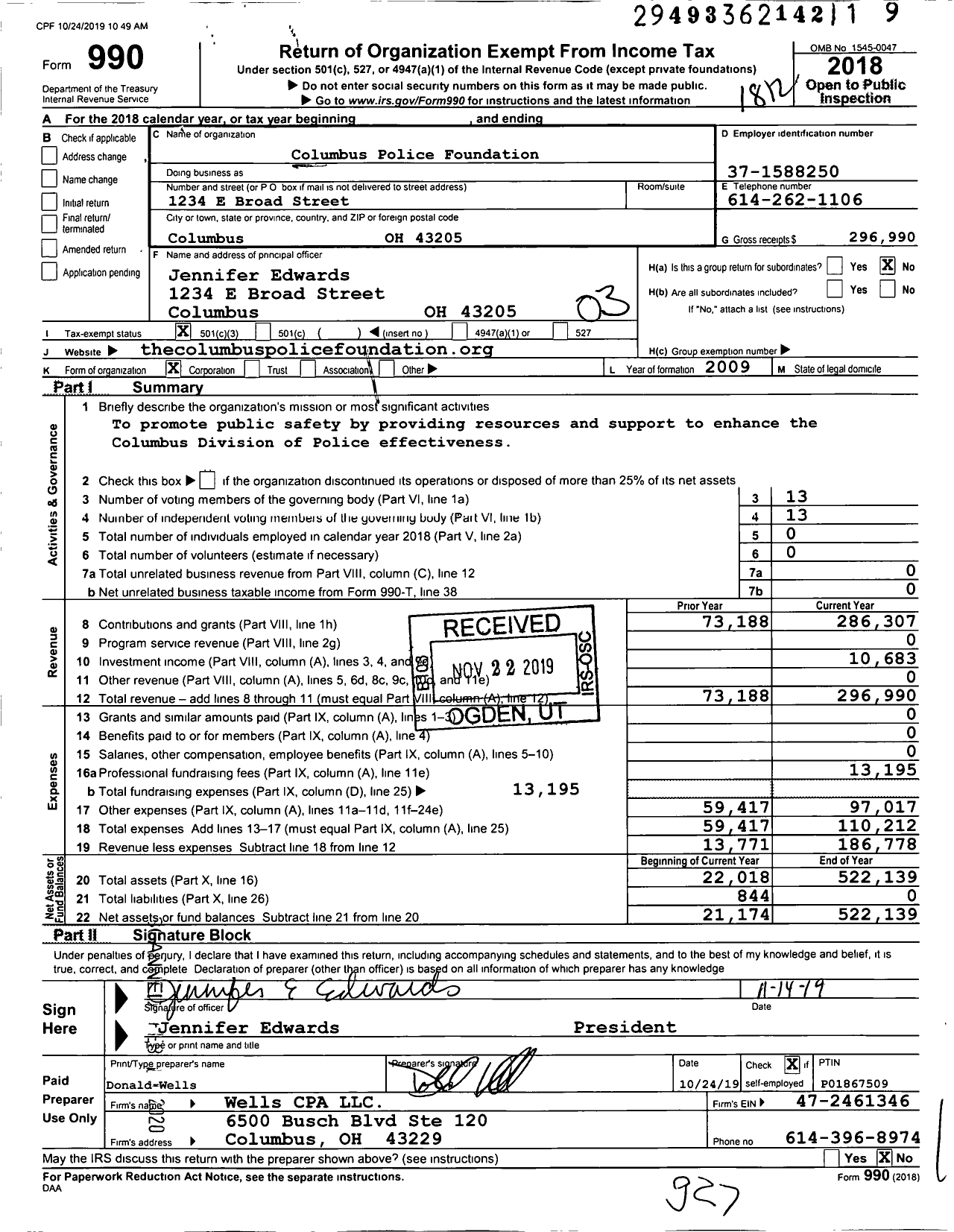 Image of first page of 2018 Form 990 for Columbus Police Foundation