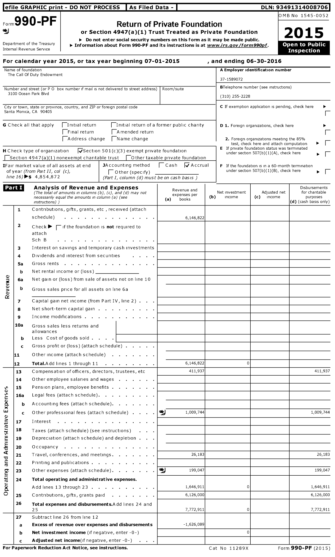 Image of first page of 2015 Form 990PF for Call of Duty Endowment