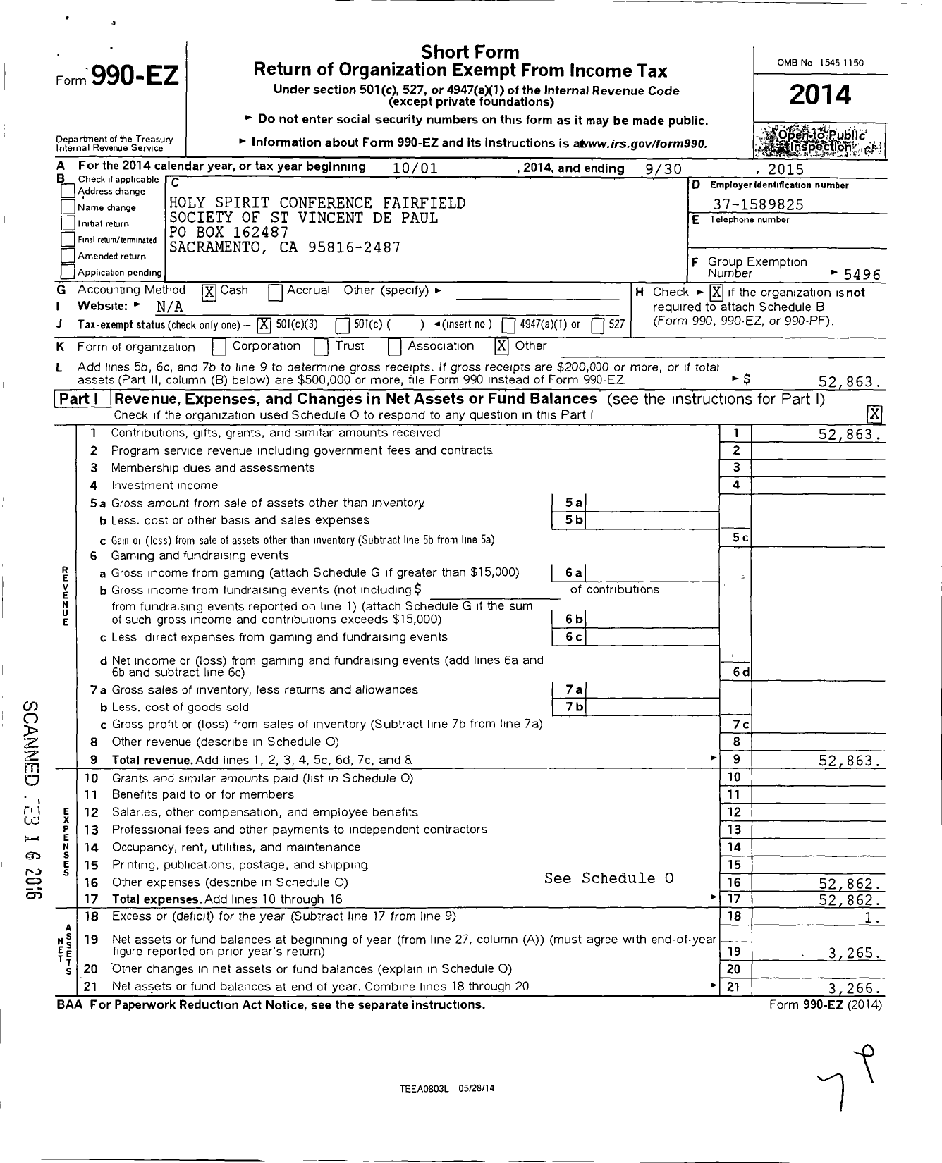 Image of first page of 2014 Form 990EZ for Holy Spirit Conference Fairfled Society of St Vincent de Paul