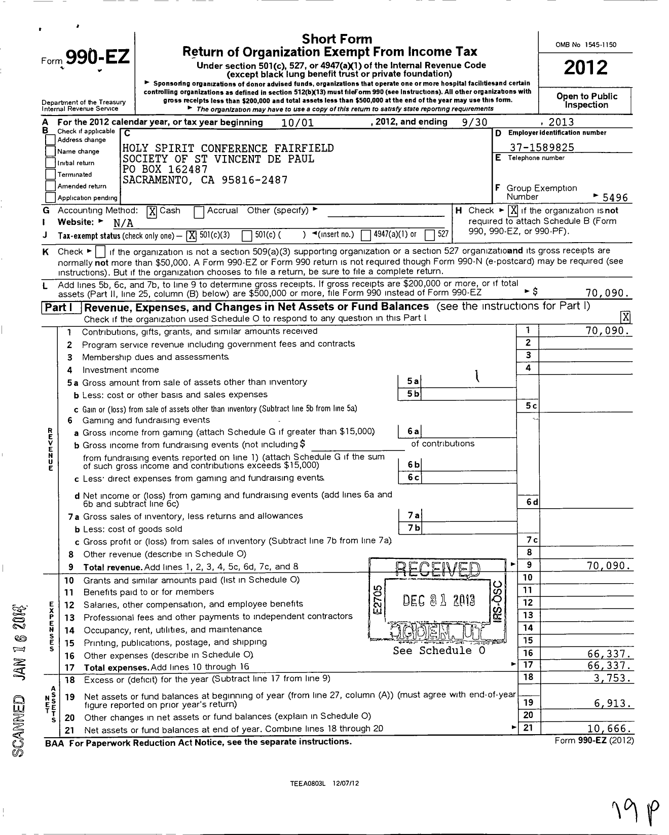 Image of first page of 2012 Form 990EZ for Holy Spirit Conference Fairfled Society of St Vincent de Paul