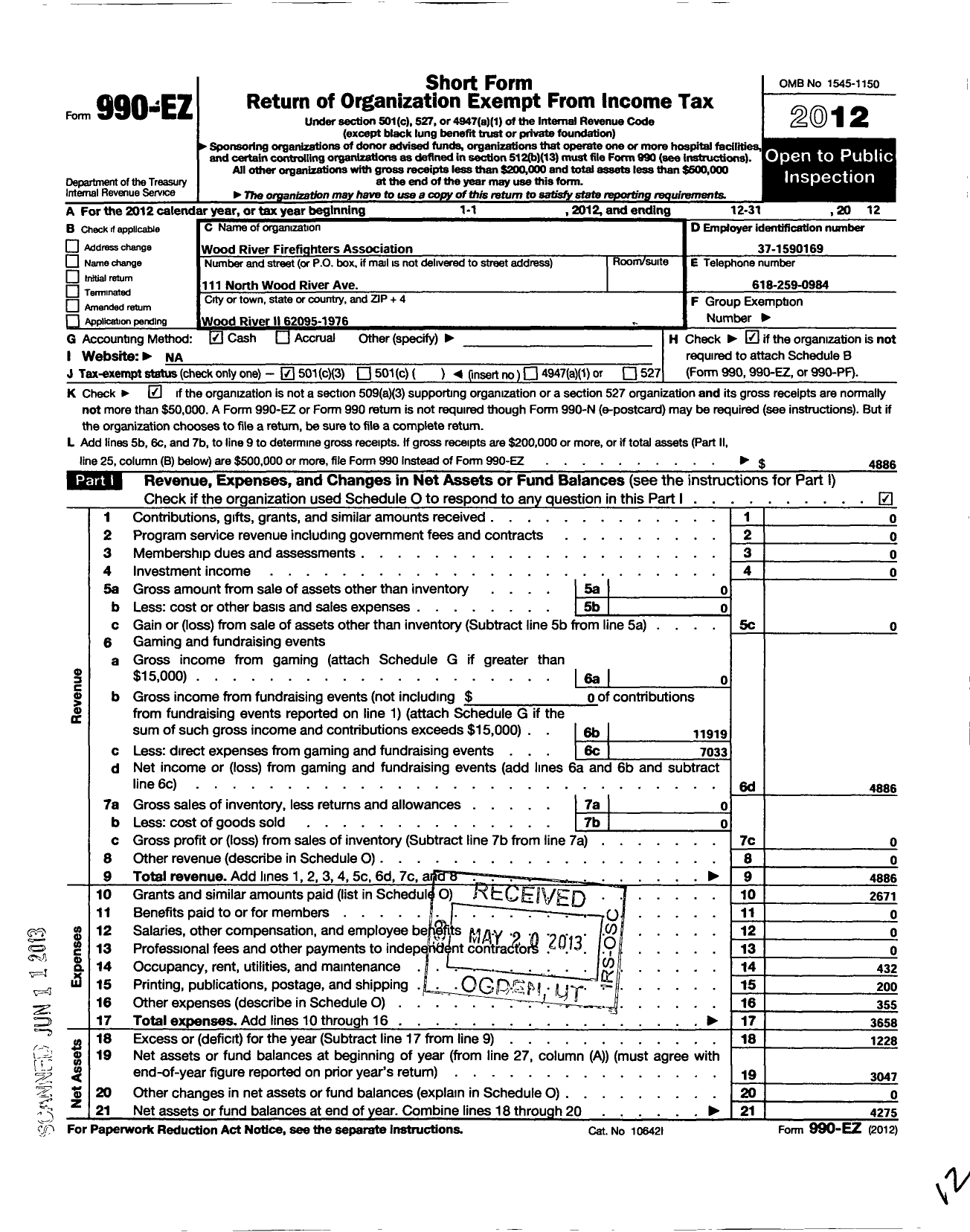 Image of first page of 2012 Form 990EZ for Wood River Firefighters Association