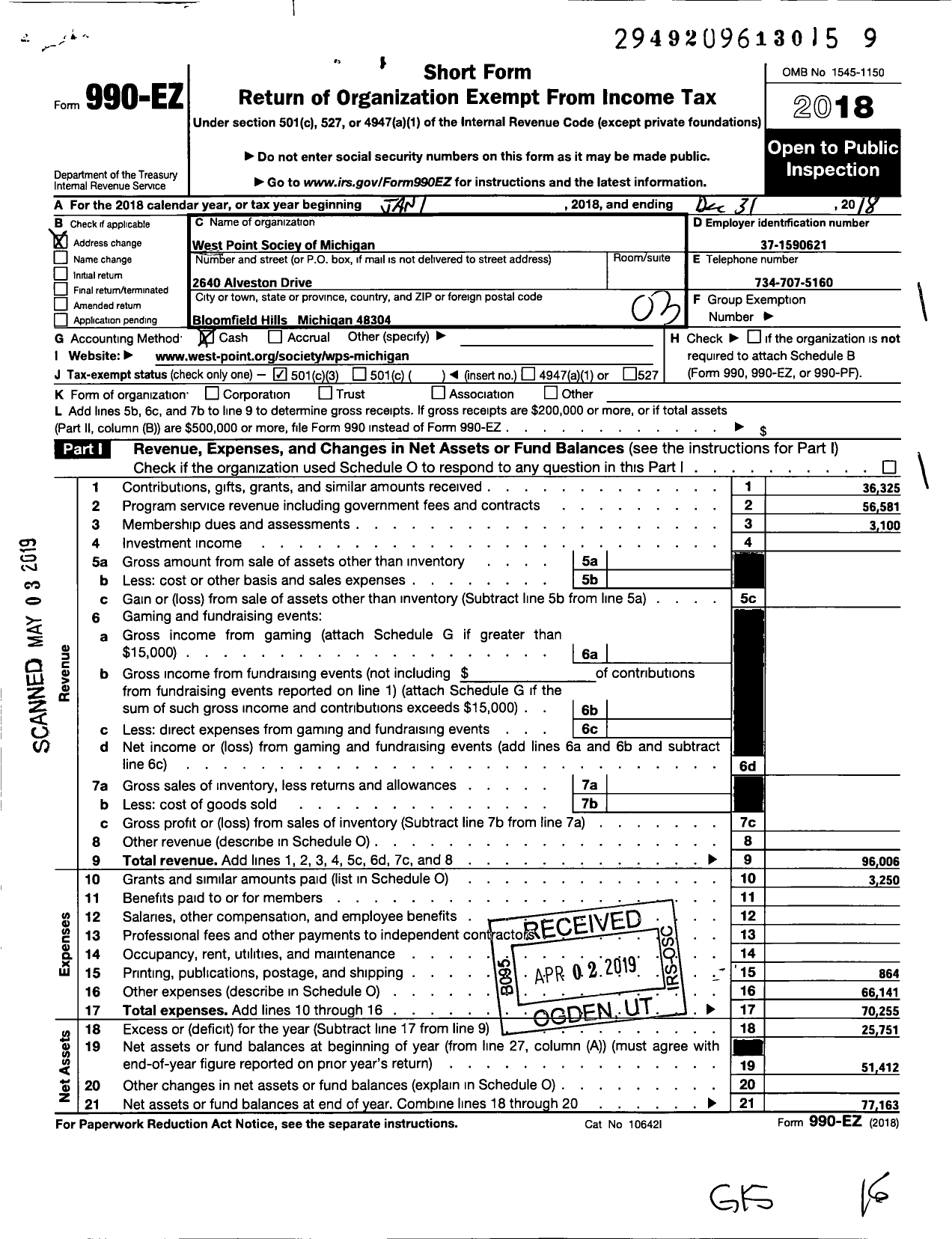 Image of first page of 2018 Form 990EZ for West Point Society of Michigan