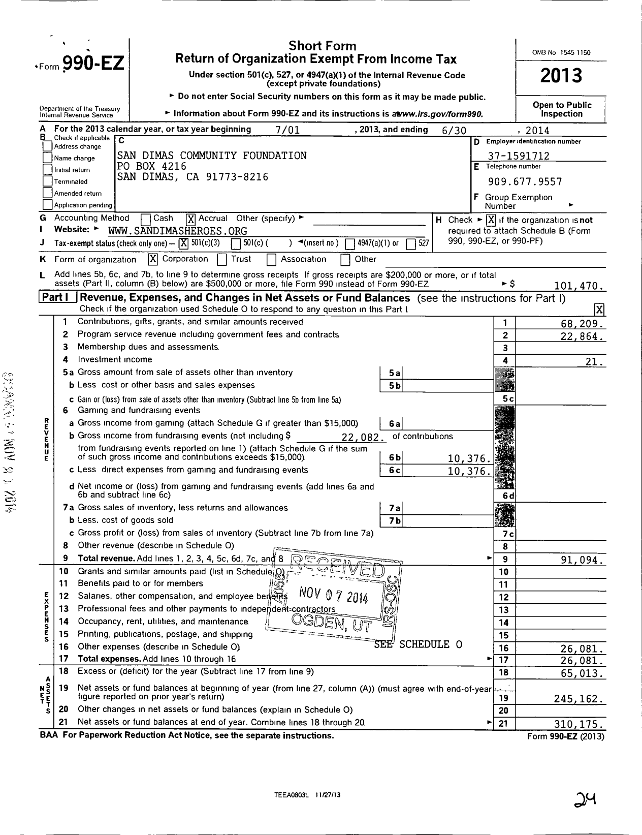 Image of first page of 2013 Form 990EZ for San Dimas Community Foundation