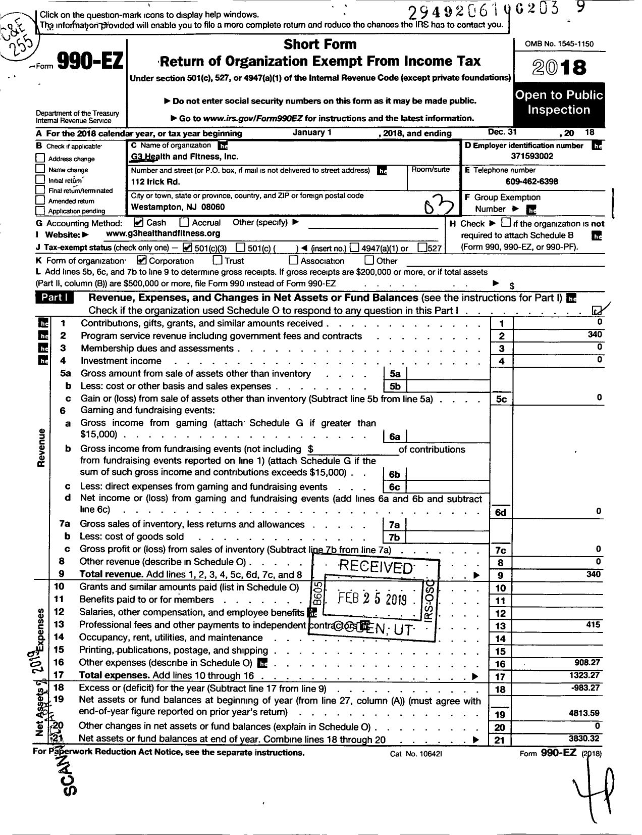 Image of first page of 2018 Form 990EZ for G3 Health and Fitness