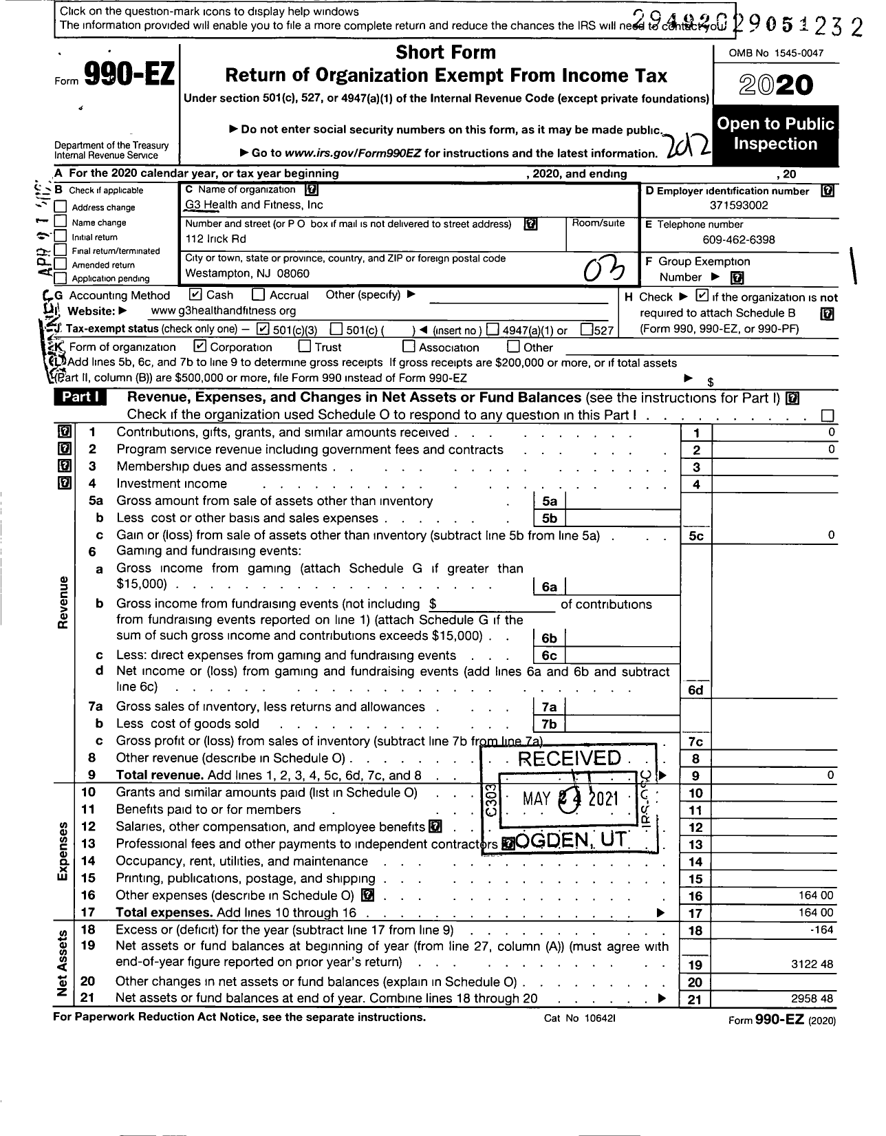 Image of first page of 2020 Form 990EZ for G3 Health and Fitness