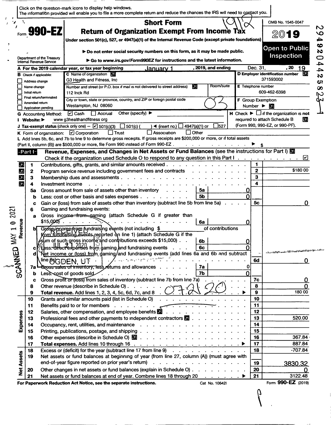 Image of first page of 2019 Form 990EZ for G3 Health and Fitness