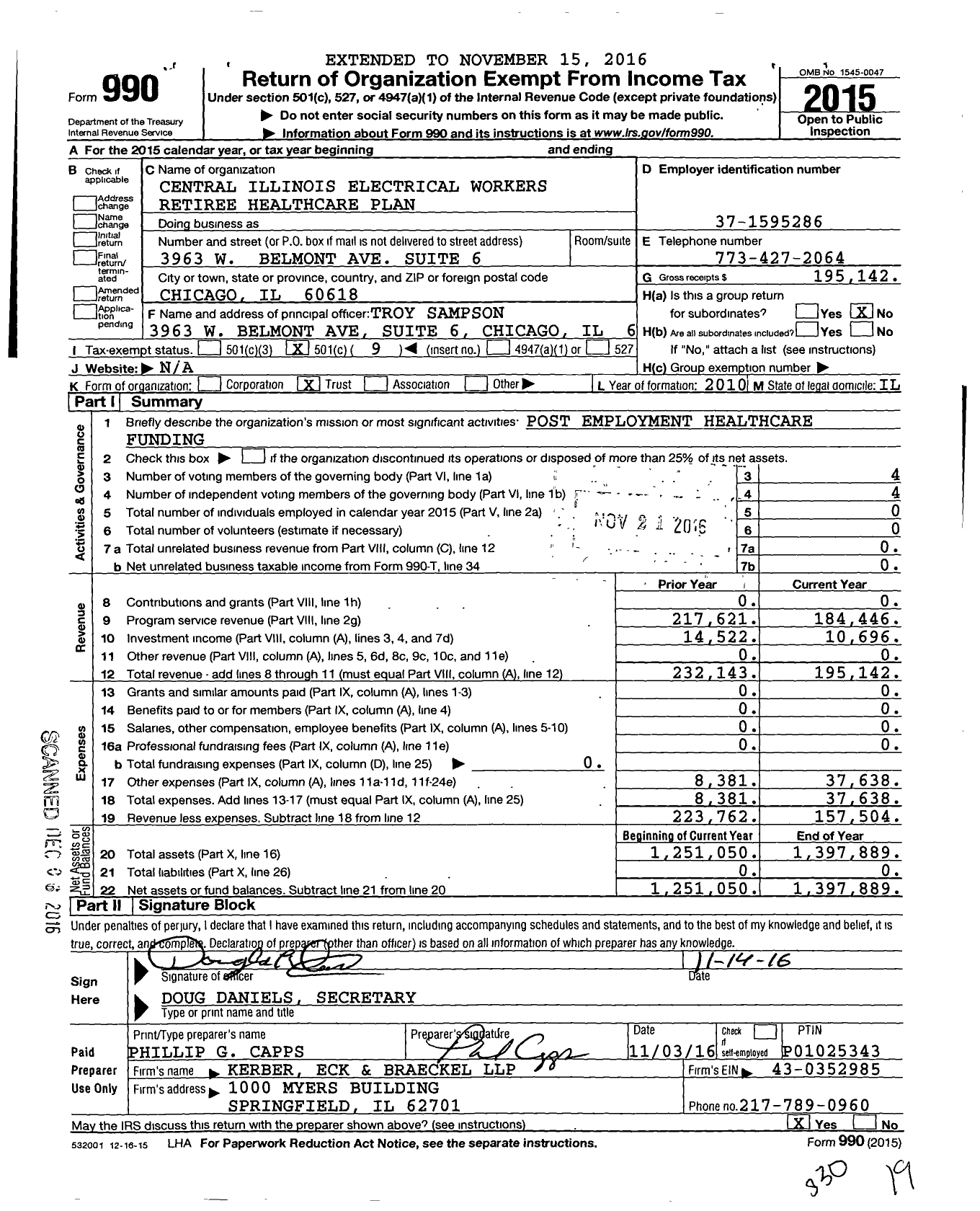 Image of first page of 2015 Form 990O for Central Illinois Electrical Workers Retiree Healthcare Plan