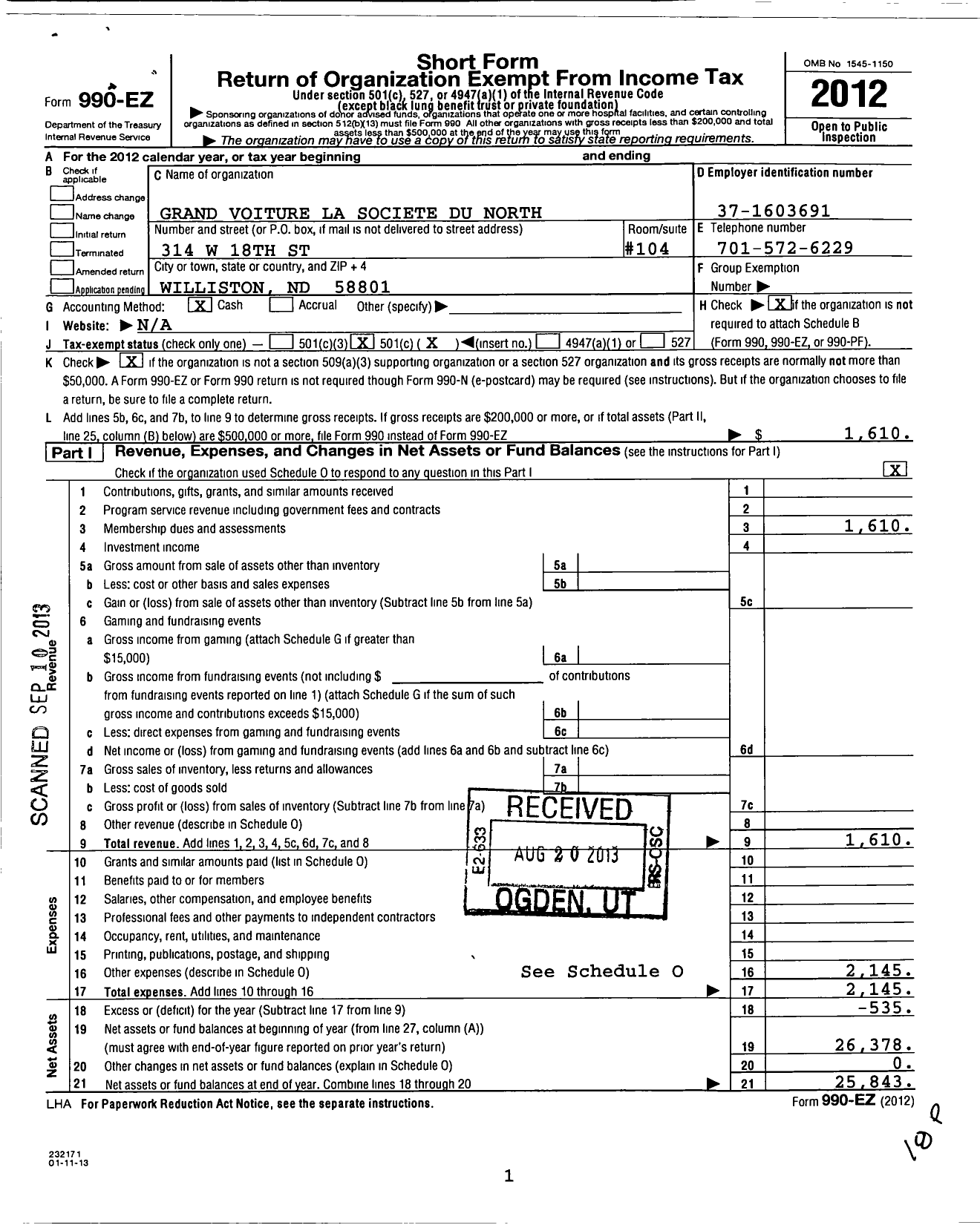 Image of first page of 2012 Form 990EO for The Forty and Eight - Grande Voiture Du ND
