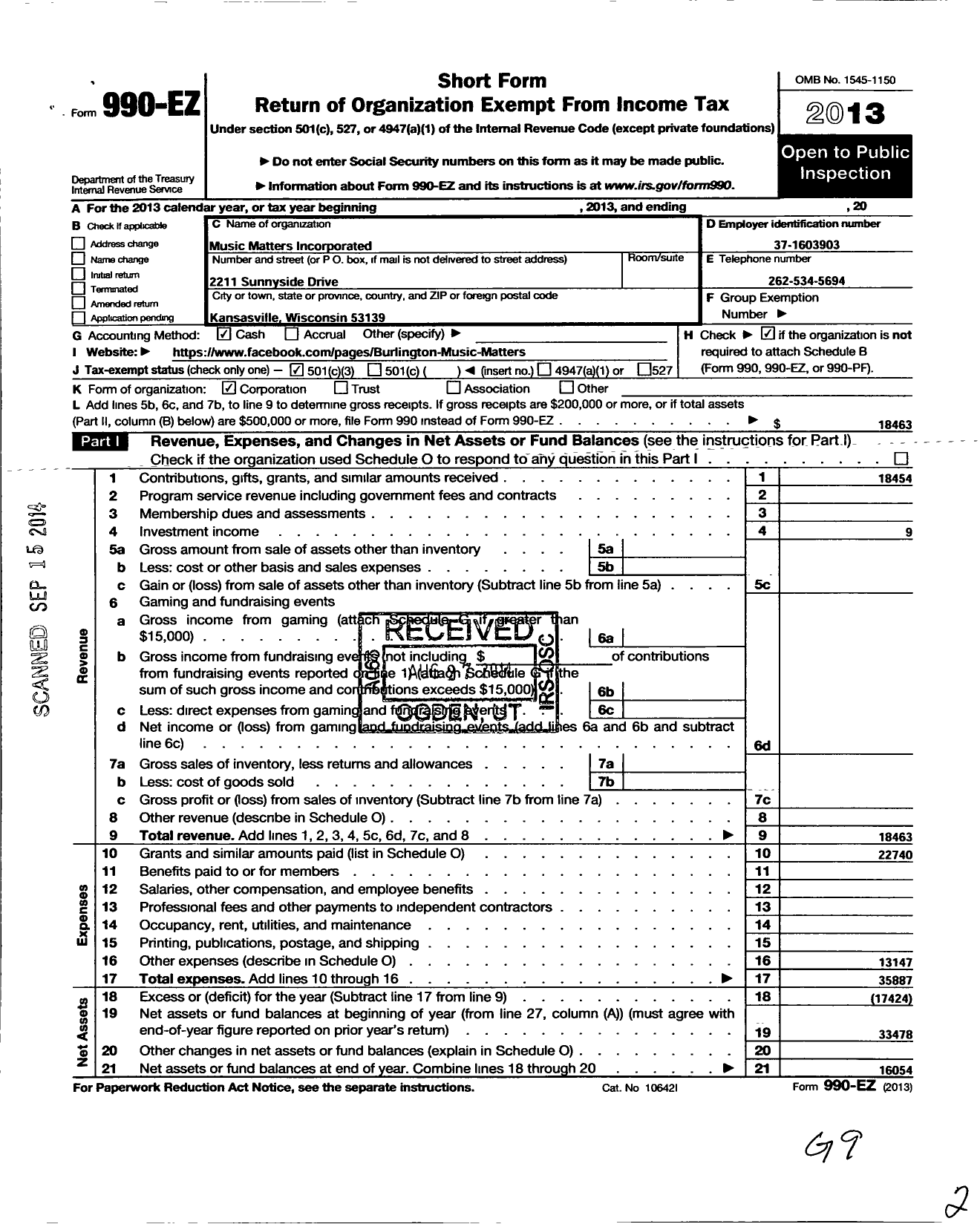 Image of first page of 2013 Form 990EZ for Music Matters Incorporated