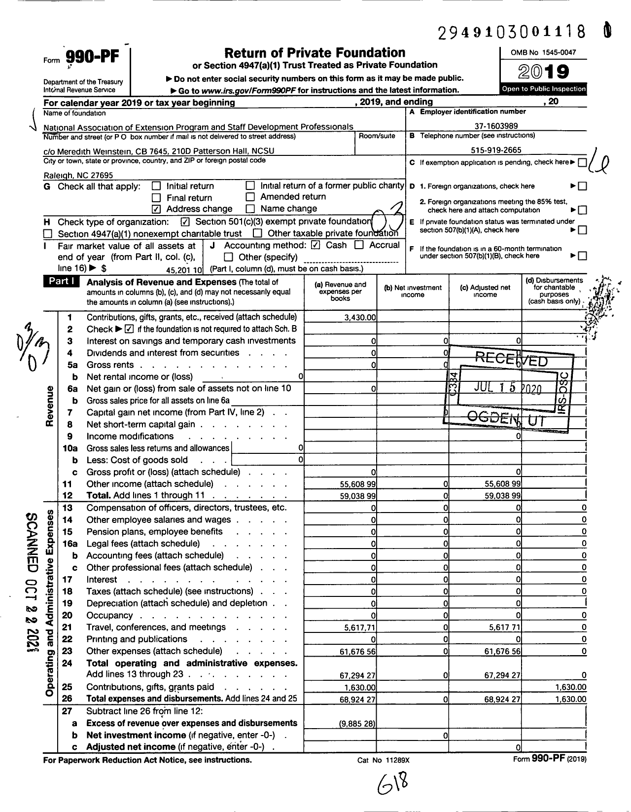 Image of first page of 2019 Form 990PF for National Association of Extension Program and Staff Development Prof