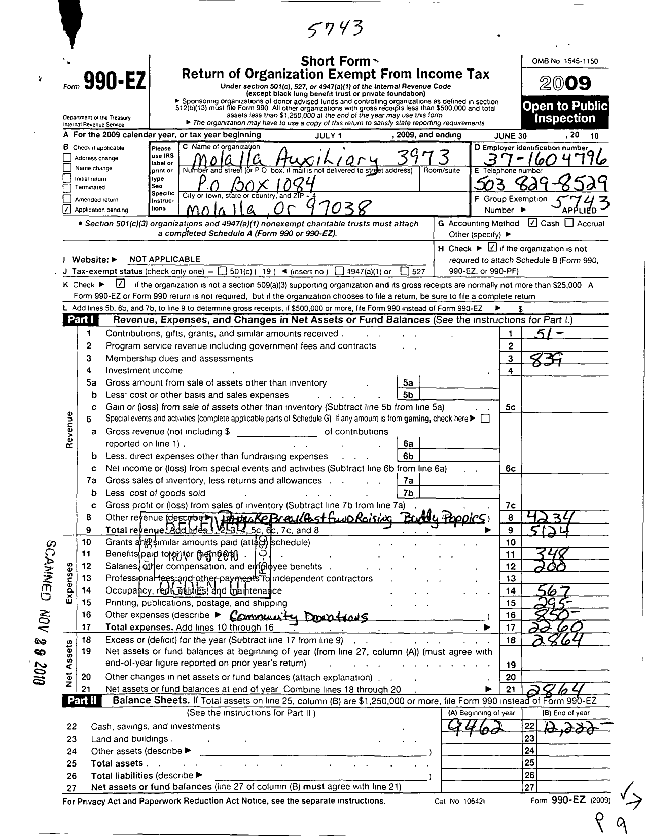 Image of first page of 2009 Form 990EO for Veterans of Foreign Wars of the United States Department of Oregon - 3973 Molalla Auxiliary