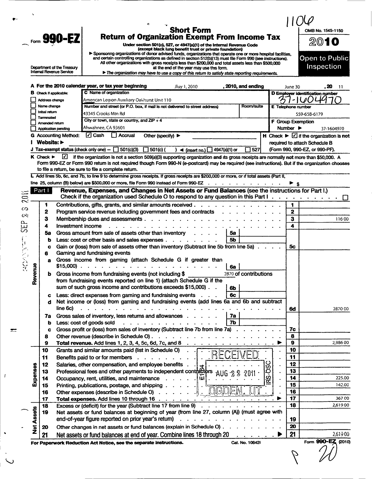 Image of first page of 2010 Form 990EO for American Legion Auxiliary - 110 Oakhurst