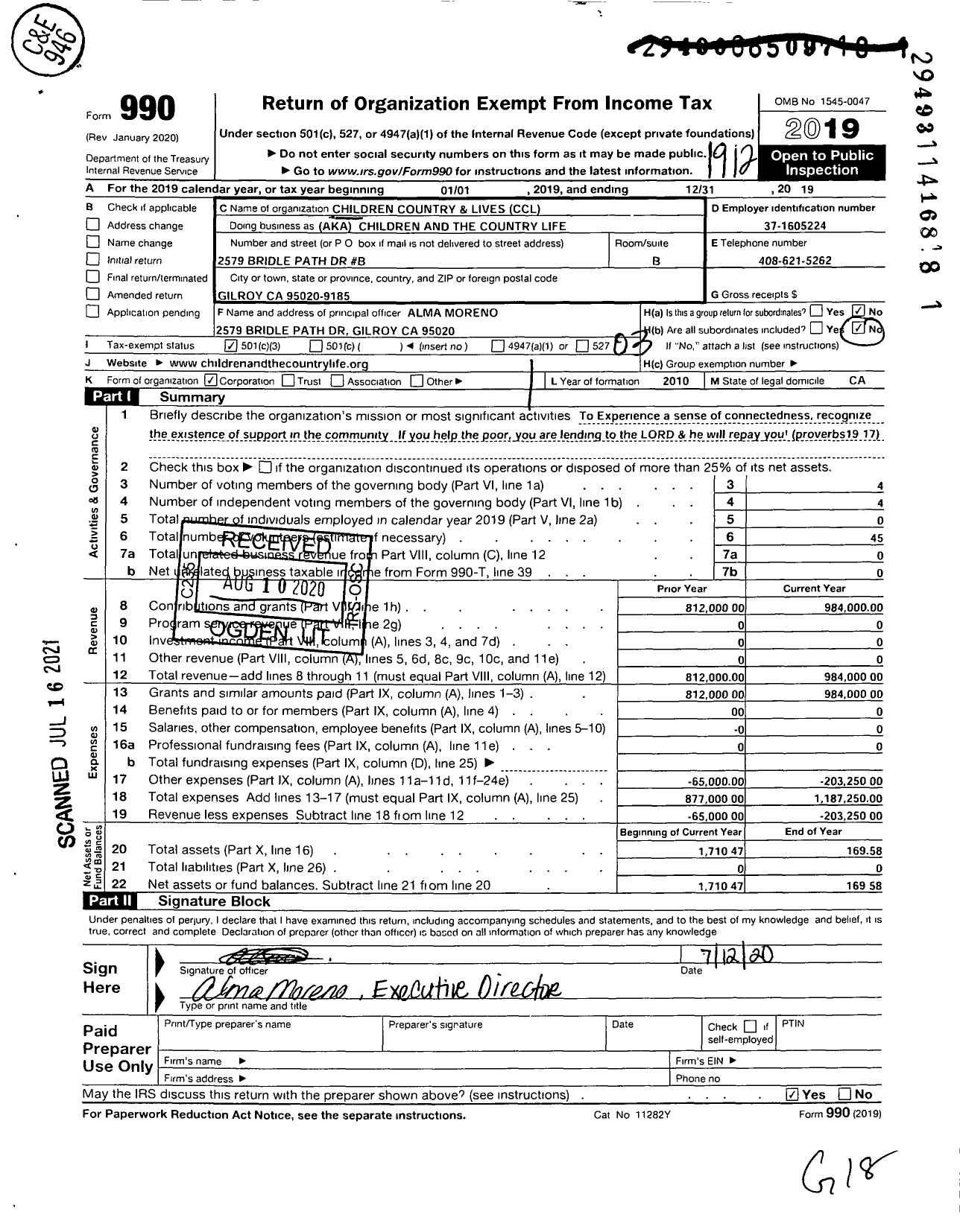 Image of first page of 2019 Form 990 for Children and The Country Life (CCL)